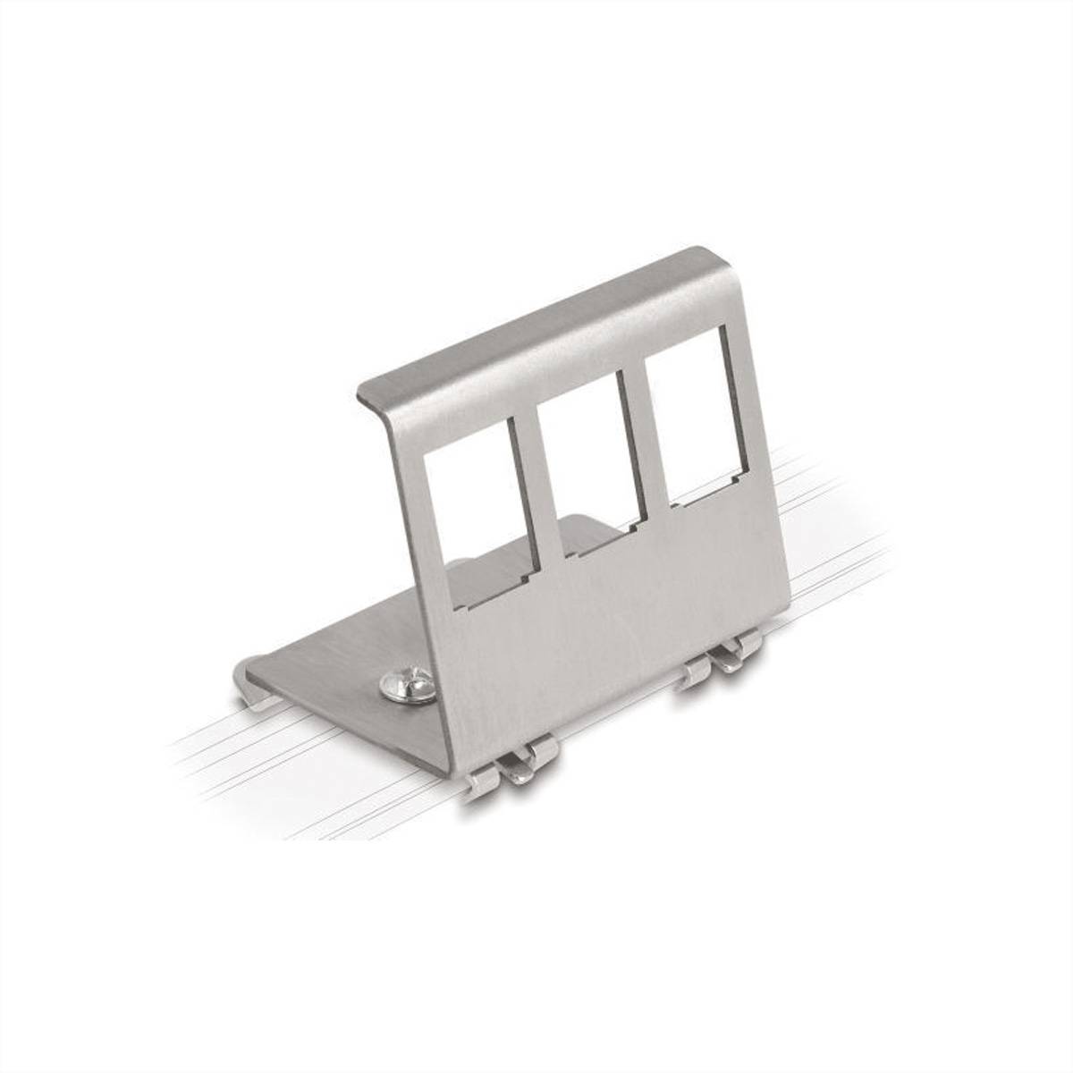 Eine Metallmontageklammer mit drei rechteckigen Schlitzen, konzipiert zum Befestigen oder Organisieren von Kabeln oder flachen Komponenten auf ebenen Oberflächen.