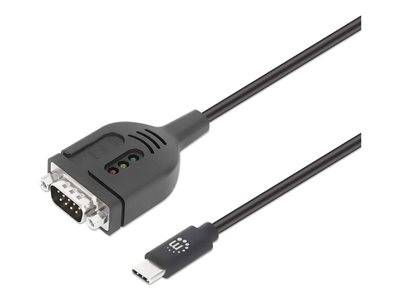 Ein schwarzes VGA-zu-USB-C-Adapterkabel mit einem VGA-Anschluss auf der einen Seite und einem USB-C-Stecker auf der anderen Seite, das zum Verbinden von Geräten verwendet wird.