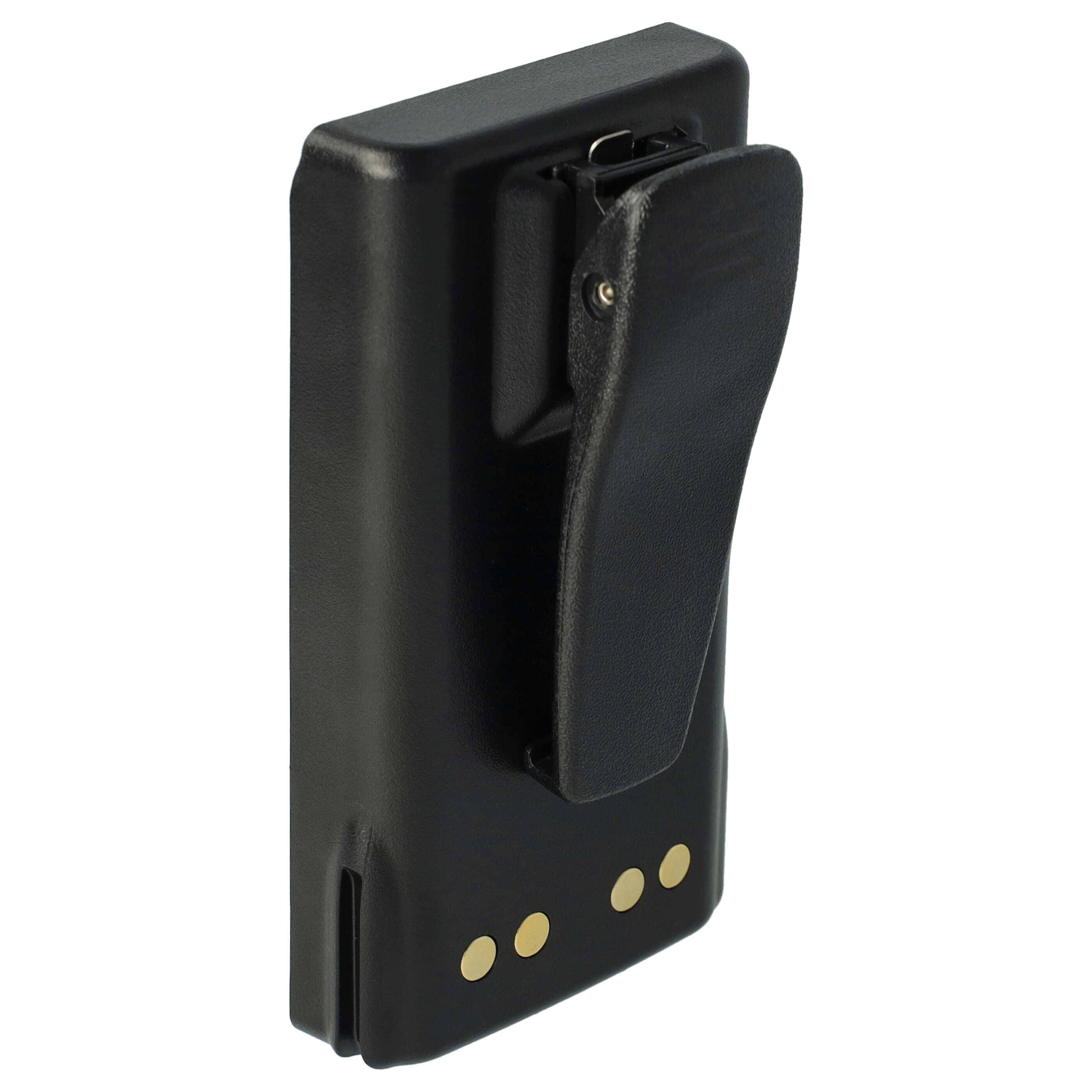 Ein schwarzes Walkie-Talkie-Akkupack mit vergoldeten Kontaktpunkten und einer auf der Rückseite angebrachten Gürtelschlaufe.