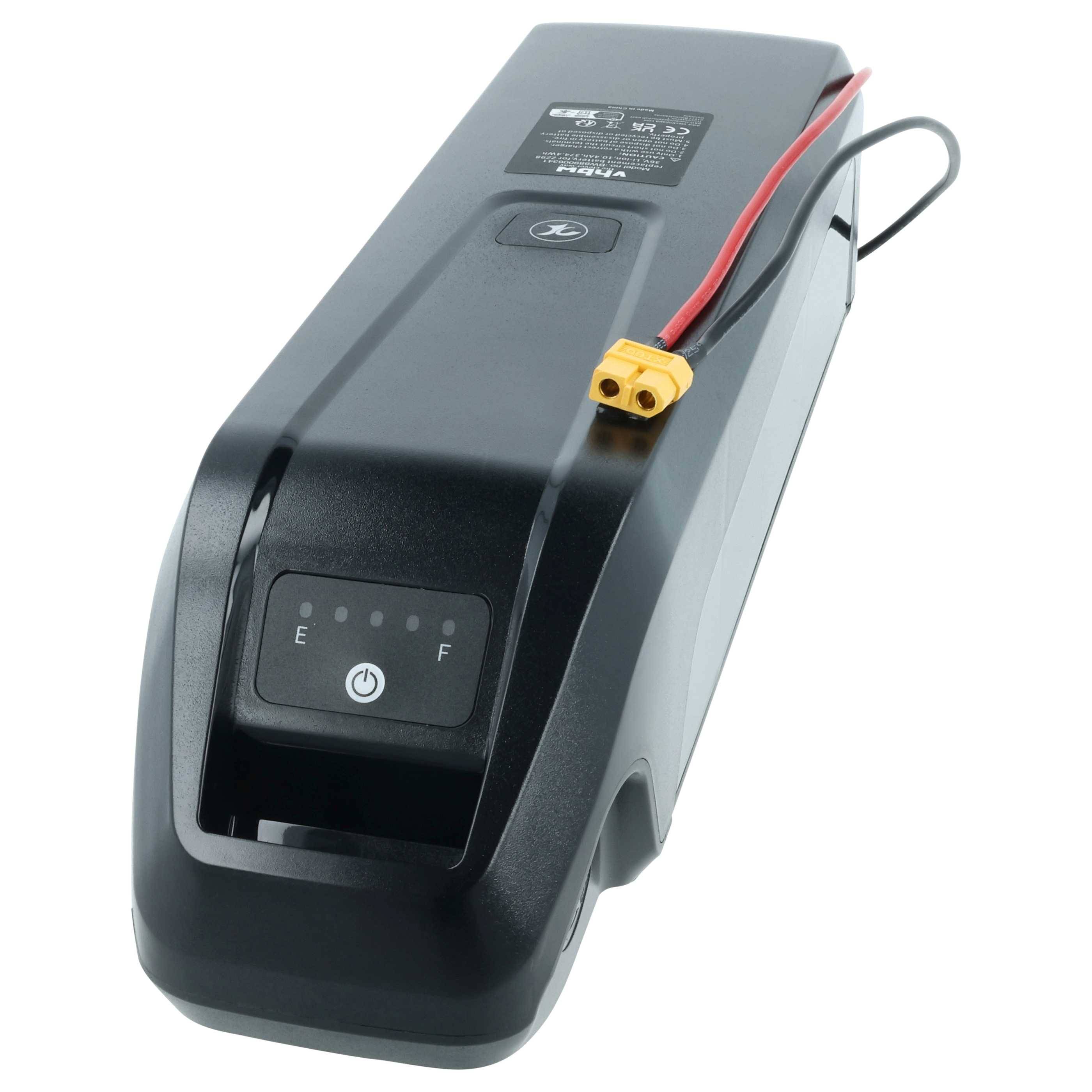 Akku-Pack für E-Bike mit Ein-/Ausschalter und Ladeanzeige an der Seite. Rotes und schwarzes Kabelwerk oben angebracht zur Installation.