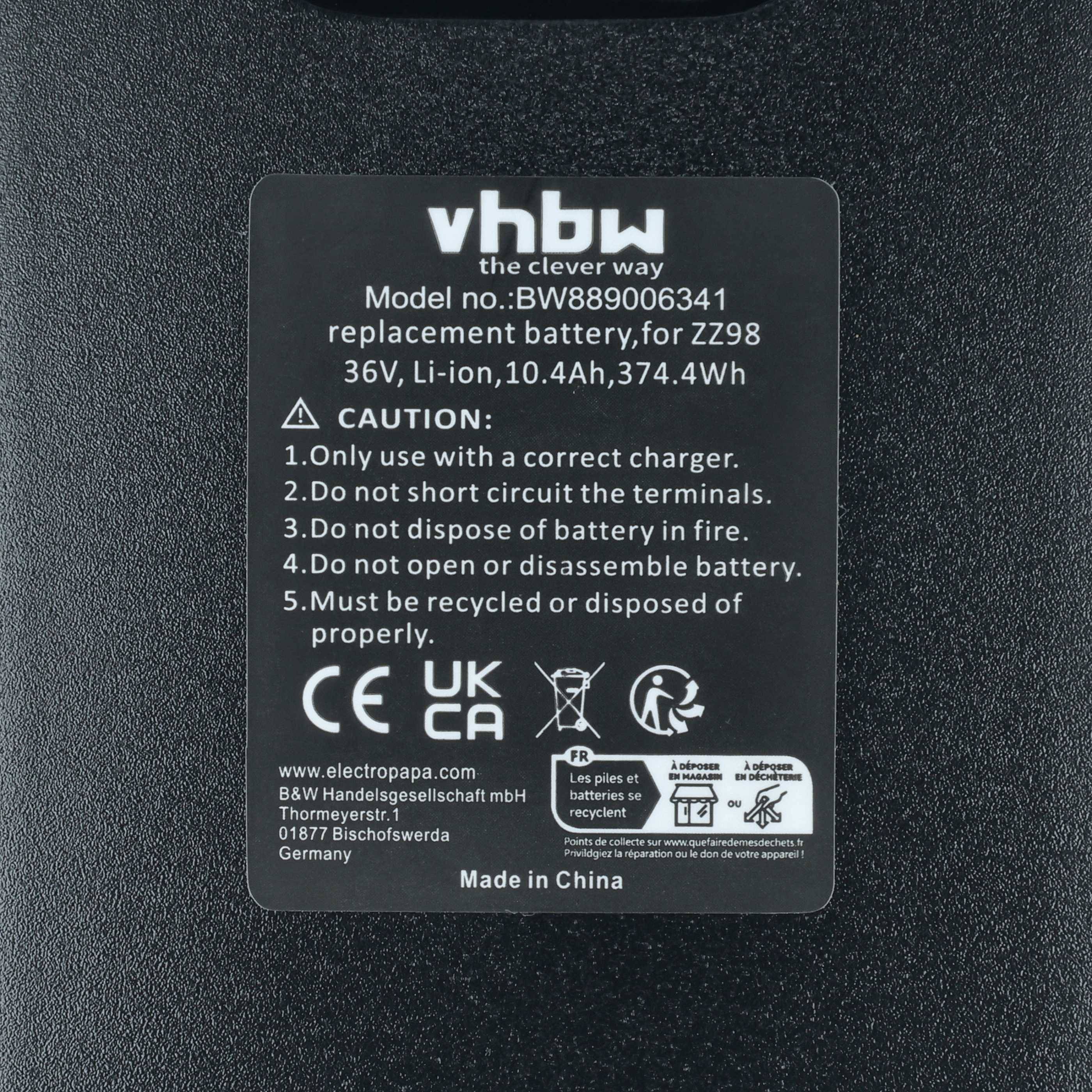 vhbw, der intelligente Weg. Modell BW889006341 Ersatzbatterie für ZZ98. 36V, Li-Ion, 10,4Ah, 374,4Wh, Made in China.