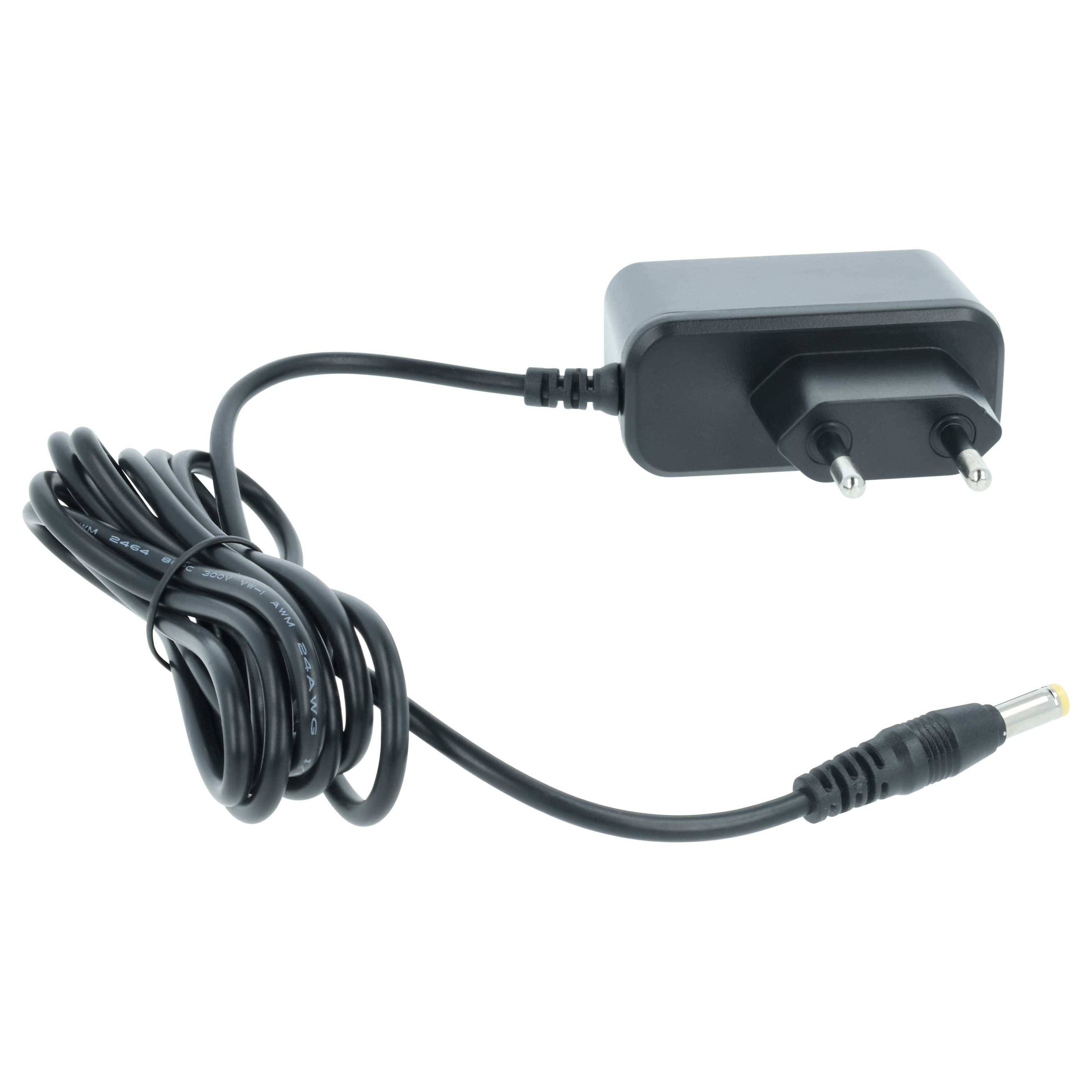 Ein schwarzer Stromadapter mit einem spiralförmigen Kabel und einem europäischen Stecker, der für elektronische Geräte verwendet wird.