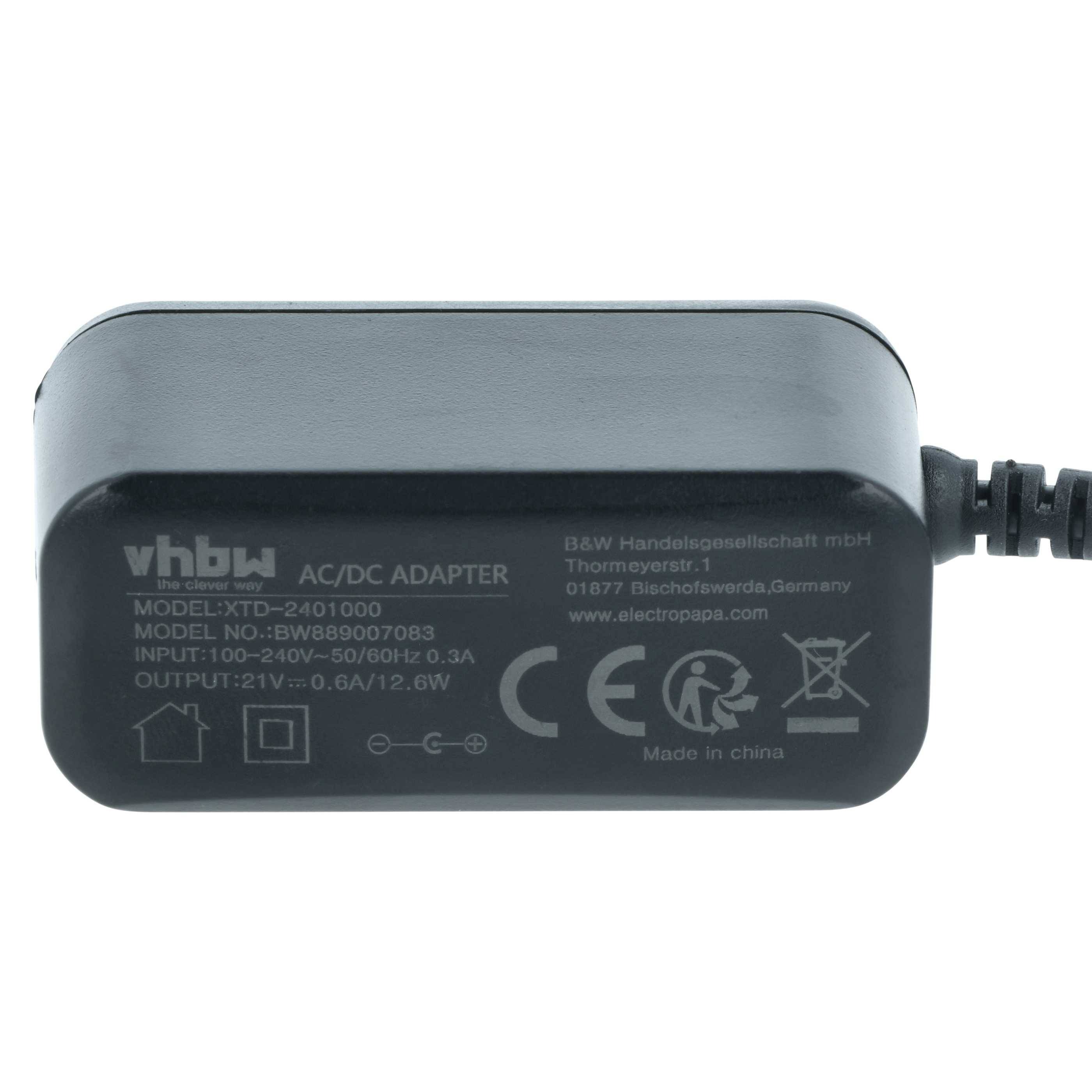 AC/DC-Adapter mit Modell LTD2401000; Eingang 100-240V, 50/60Hz, 0,3A; Ausgang 21V, 0,5A; CE-Kennzeichnung; hergestellt von B&W Handelsgesellschaft mbH.