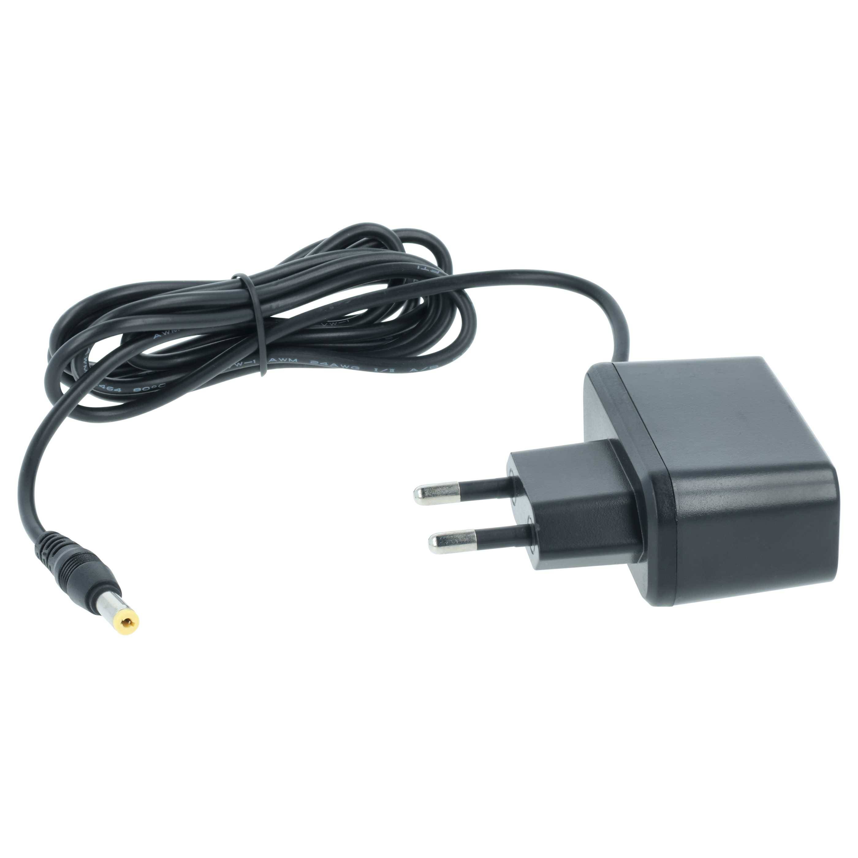 Ein schwarzes Stromkabel mit europäischem Zweipolstecker und einem langen Kabel, das in einen gelb gekennzeichneten Stecker endet, wird für elektronische Geräte verwendet.
