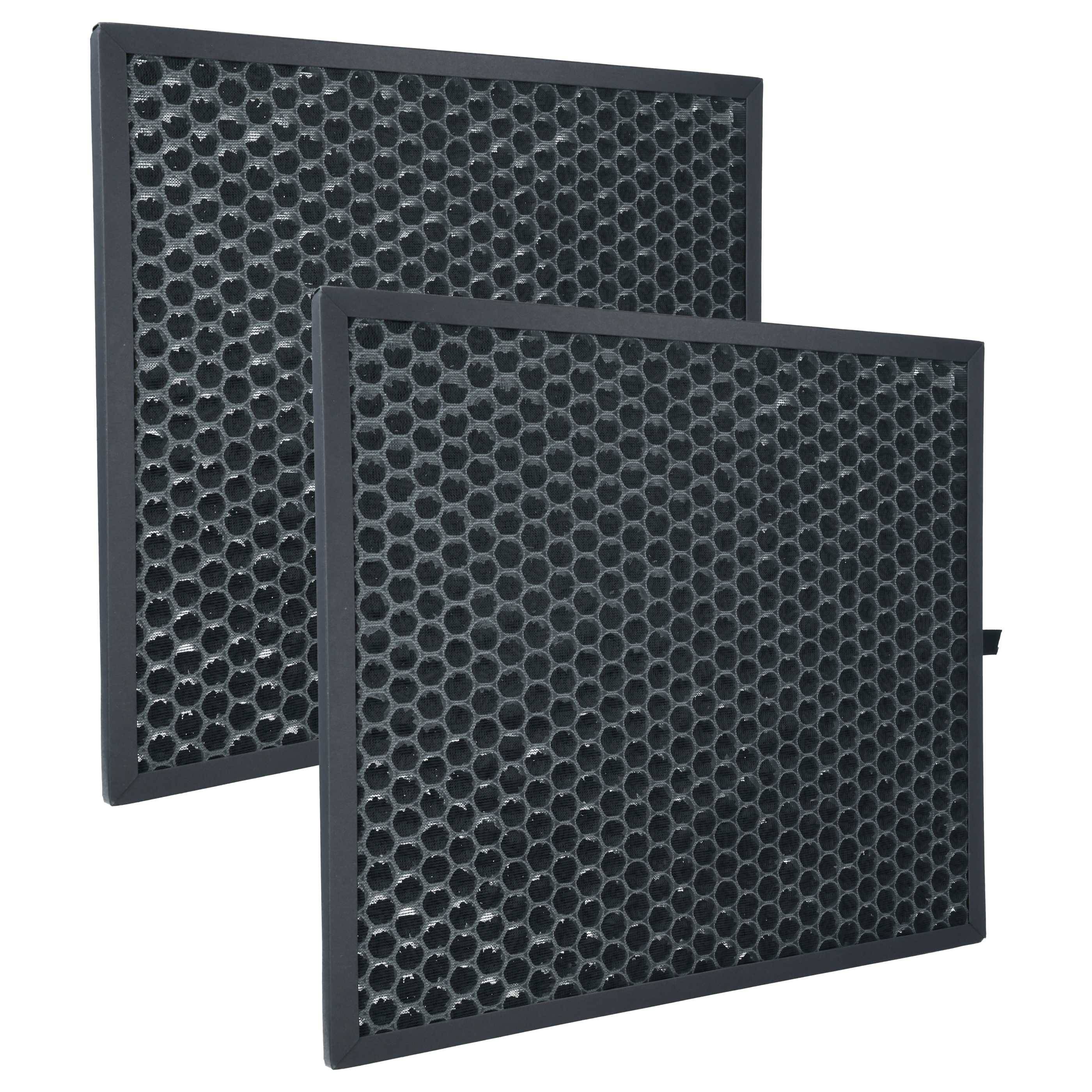 Zwei schwarze, wabenförmig gemusterte Filterpanels sind leicht überlappt gestapelt und zeigen Luftfilterkomponenten, die häufig in Geräten verwendet werden.