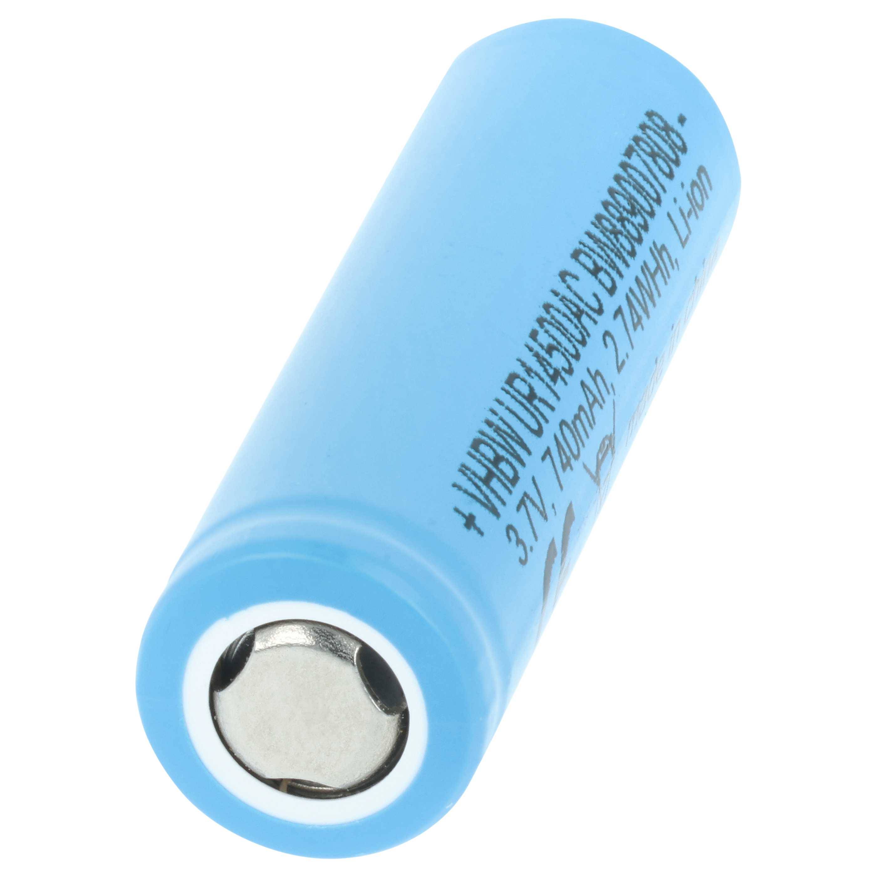 Eine blaue zylindrische wiederaufladbare Batterie mit der Beschriftung „3,7V 740mAh, 2,7Wh, Li-Ion.
