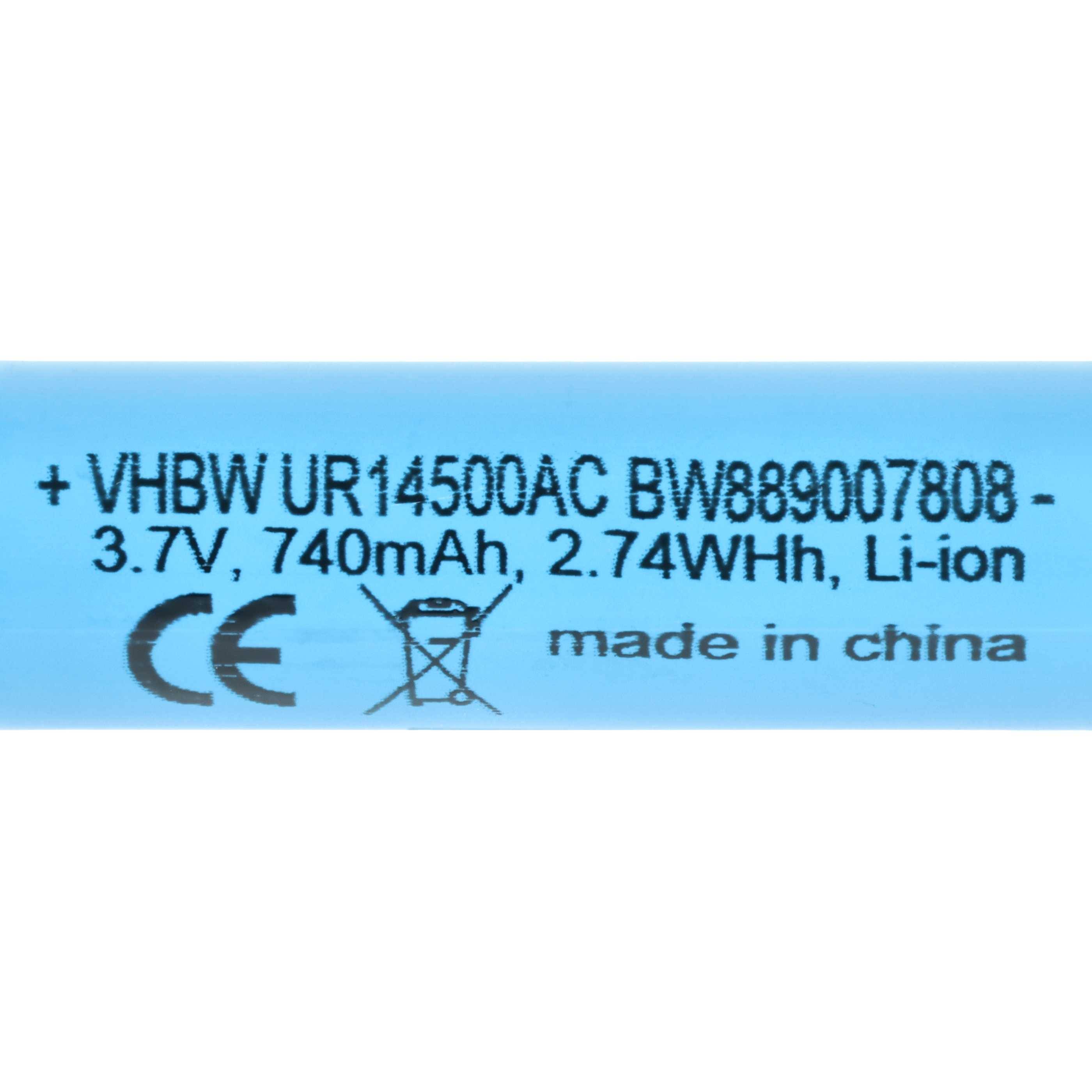 Blaue zylindrische Batterie mit Spezifikationen: VHBU UR14500AC, 740mAh, 3.7V, Li-ion, CE-Zeichen und „Made in China