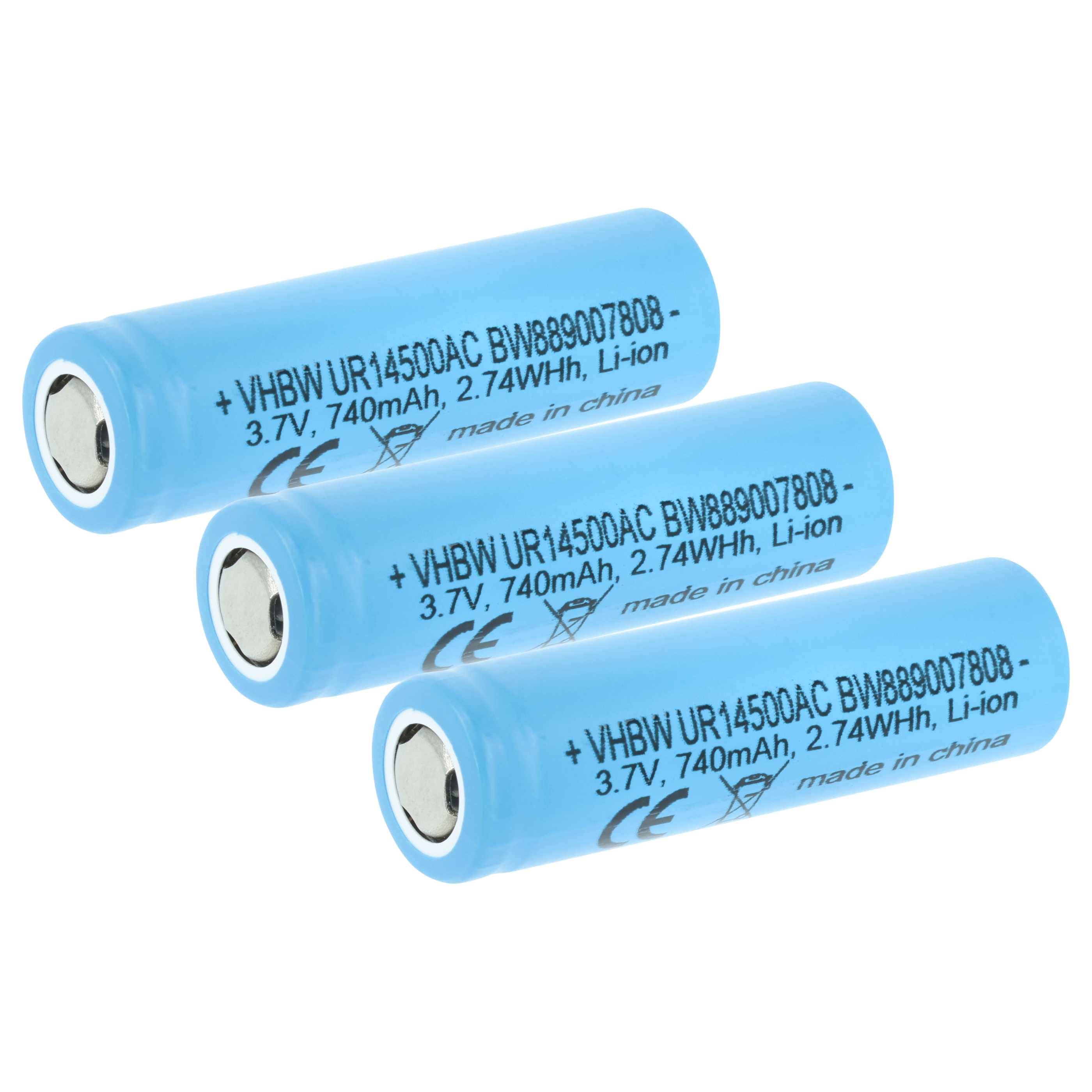 Drei blaue zylindrische wiederaufladbare Batterien mit der Bezeichnung 