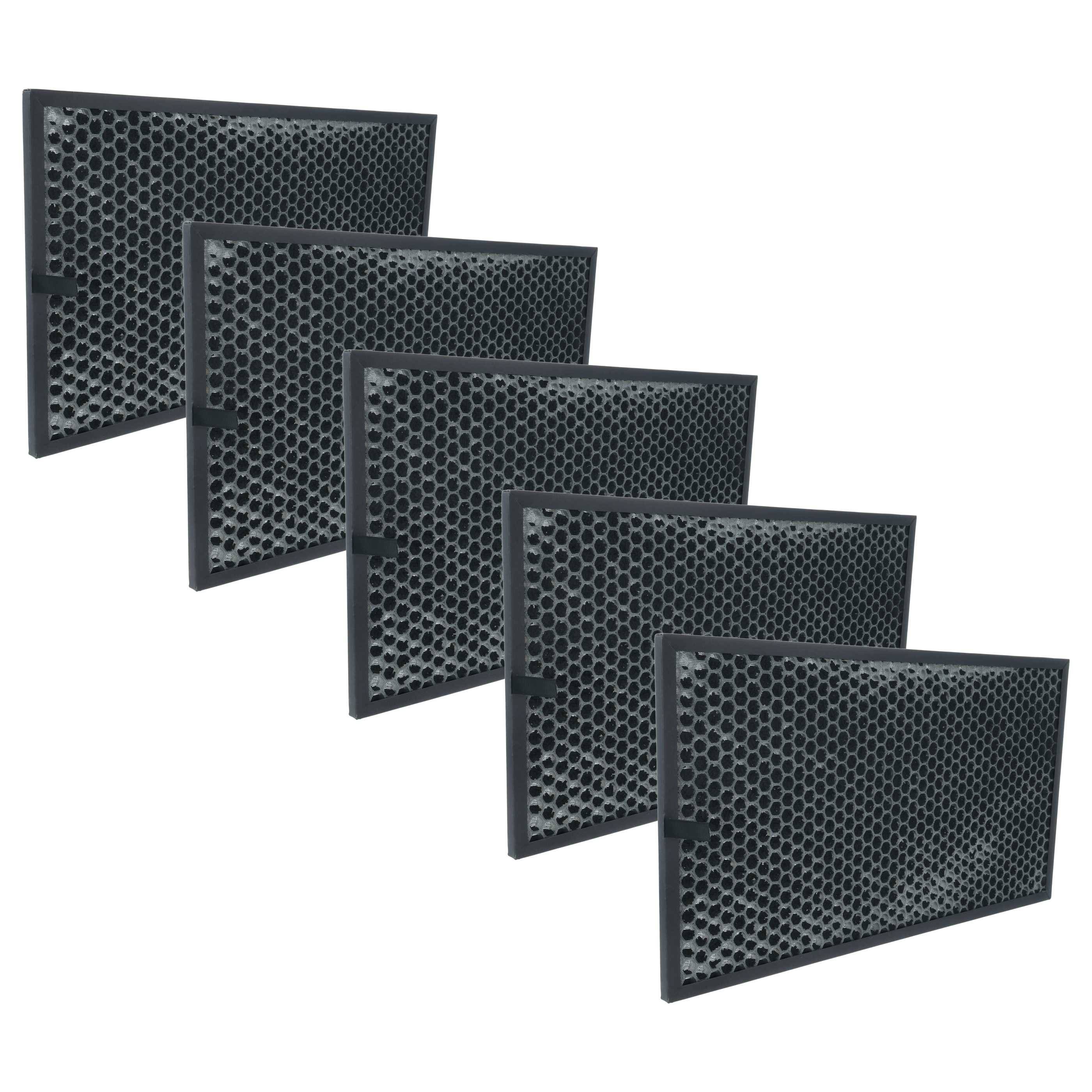 Fünf rechteckige, wabenförmig gemusterte Kohlefilter in einer versetzten Reihe angeordnet, die Ersatzteile für Luftreiniger oder Haushaltsgeräte darstellen.