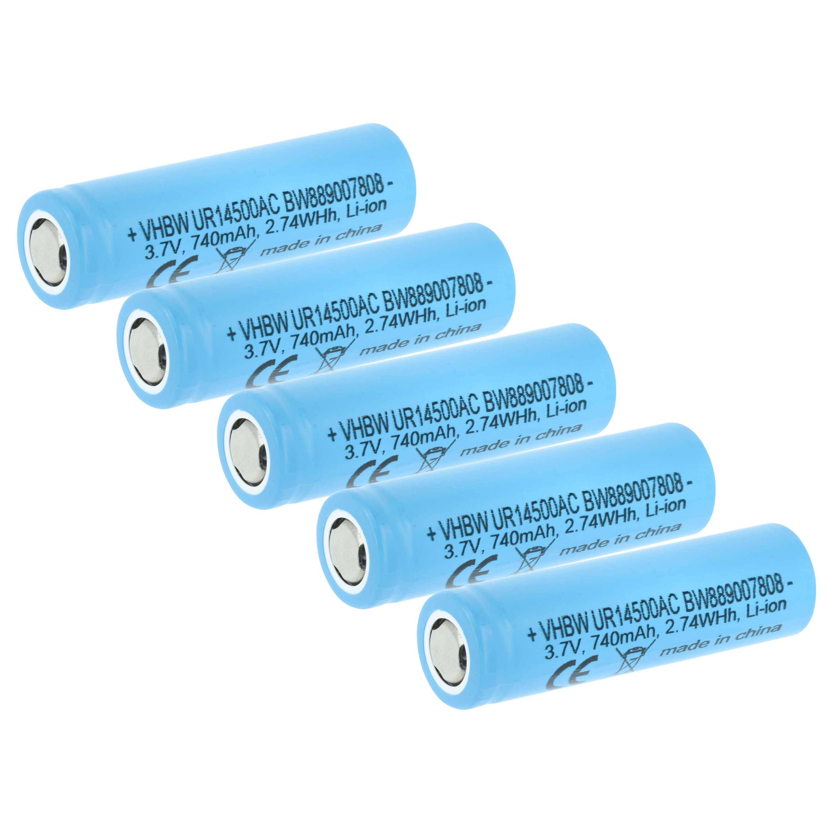 Fünf blaue Lithium-Ionen-Akkus mit folgenden Spezifikationen: 3,7V, 740mAh, 2,74Wh, hergestellt in China. Die Akkus sind in einer Reihe angeordnet.