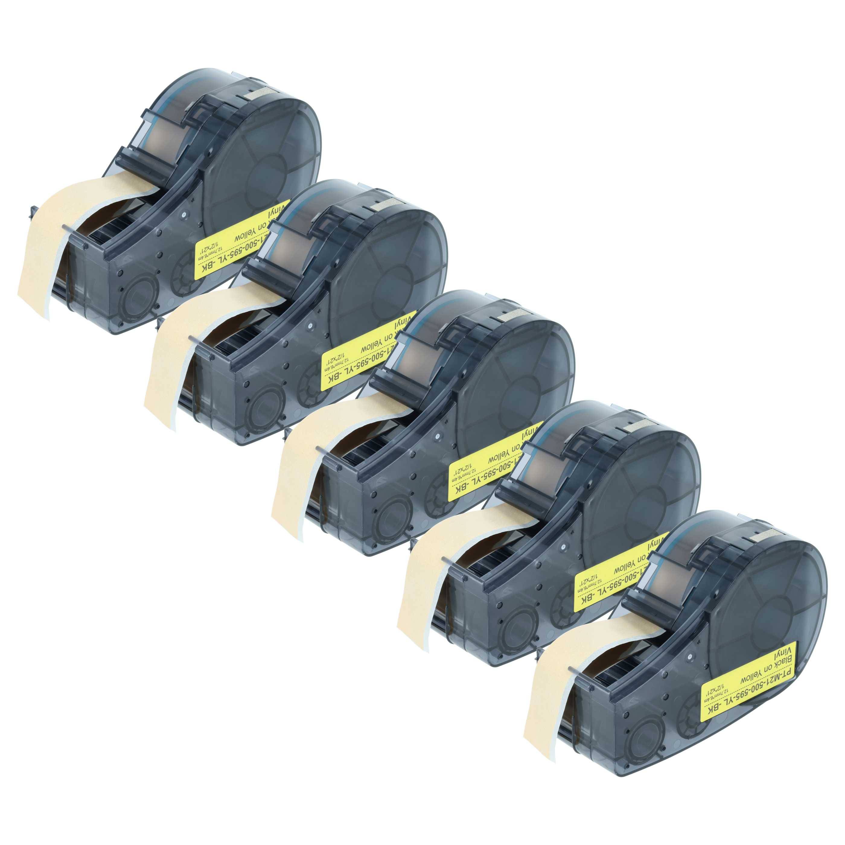 Fünf transparente Klebebandabroller in einer Reihe aufgestellt, jeder mit beigefarbenem Klebeband, das teilweise abgerollt ist, und zeigt deren Funktionalität und Design.