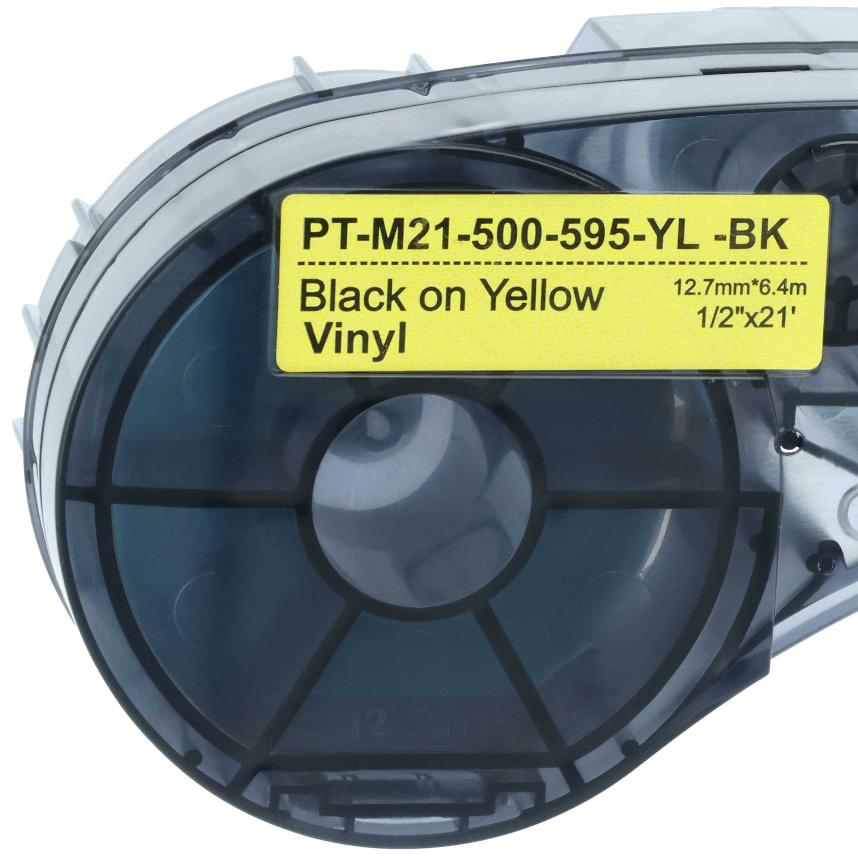 Eine durchsichtige Kunststoff-Etikettenbandkassette mit einem gelben Etikett, auf dem „Black on Yellow Vinyl PT-M21-500-595-YL -BK