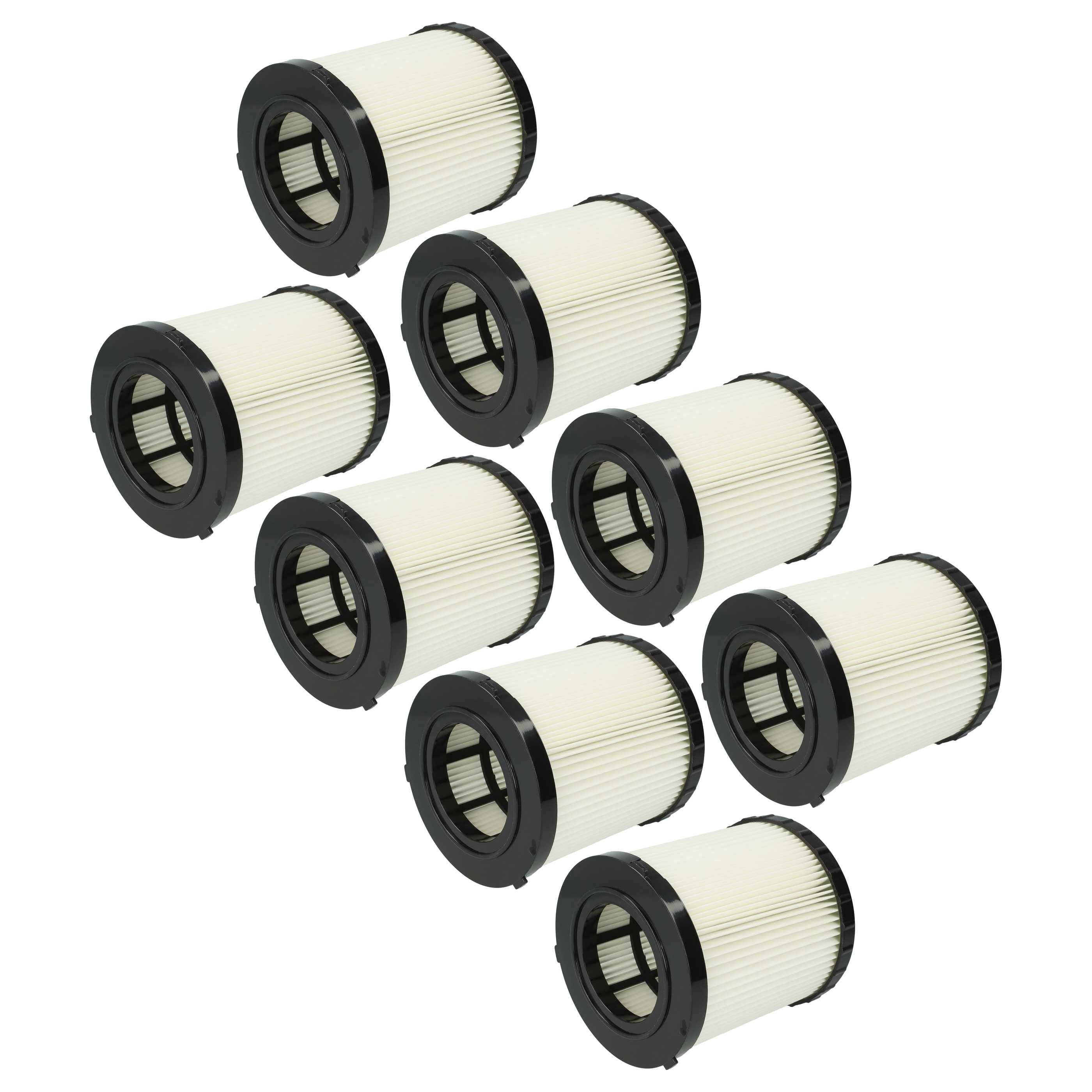 Acht zylindrische Luftfilter mit schwarzem Gehäuse und gefaltetem weißem Material sind in zwei Reihen angeordnet und zeigen eine Seitenansicht.