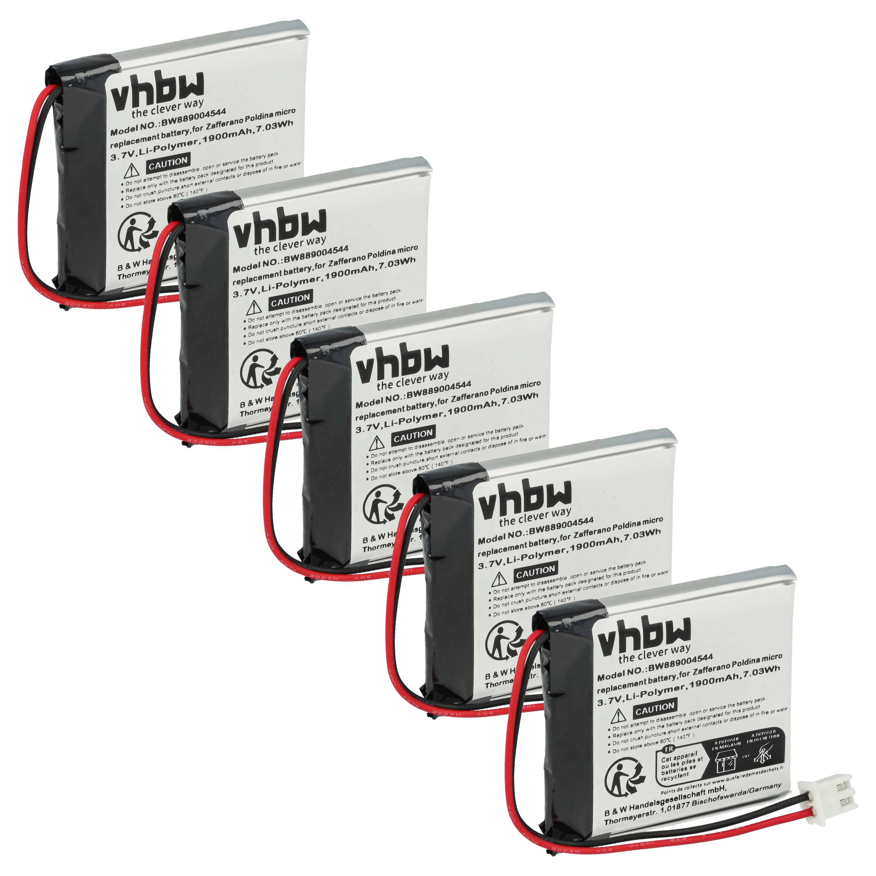 Vier vhbw wiederaufladbare Batterien mit roten und schwarzen Drähten und Anschlüssen, beschriftet mit 1800mAh 3,7V, in einer Reihe vor weißem Hintergrund angeordnet.