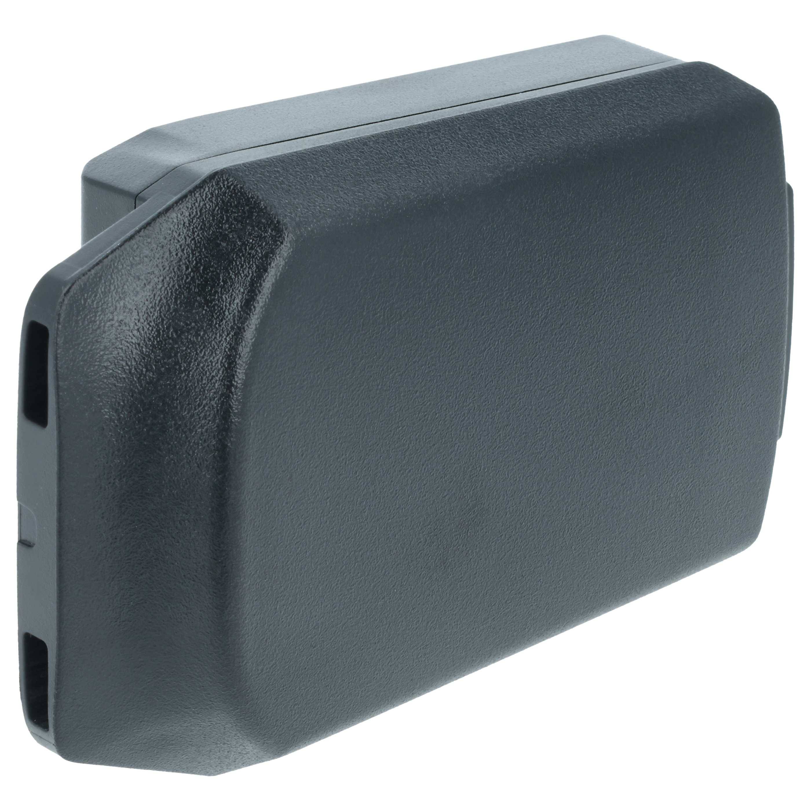 Ein schwarzes, rechteckiges Kunststoffgehäuse mit abgerundeten Kanten, wahrscheinlich ein elektronisches Gerät oder eine Komponente, auf weißem Hintergrund dargestellt.