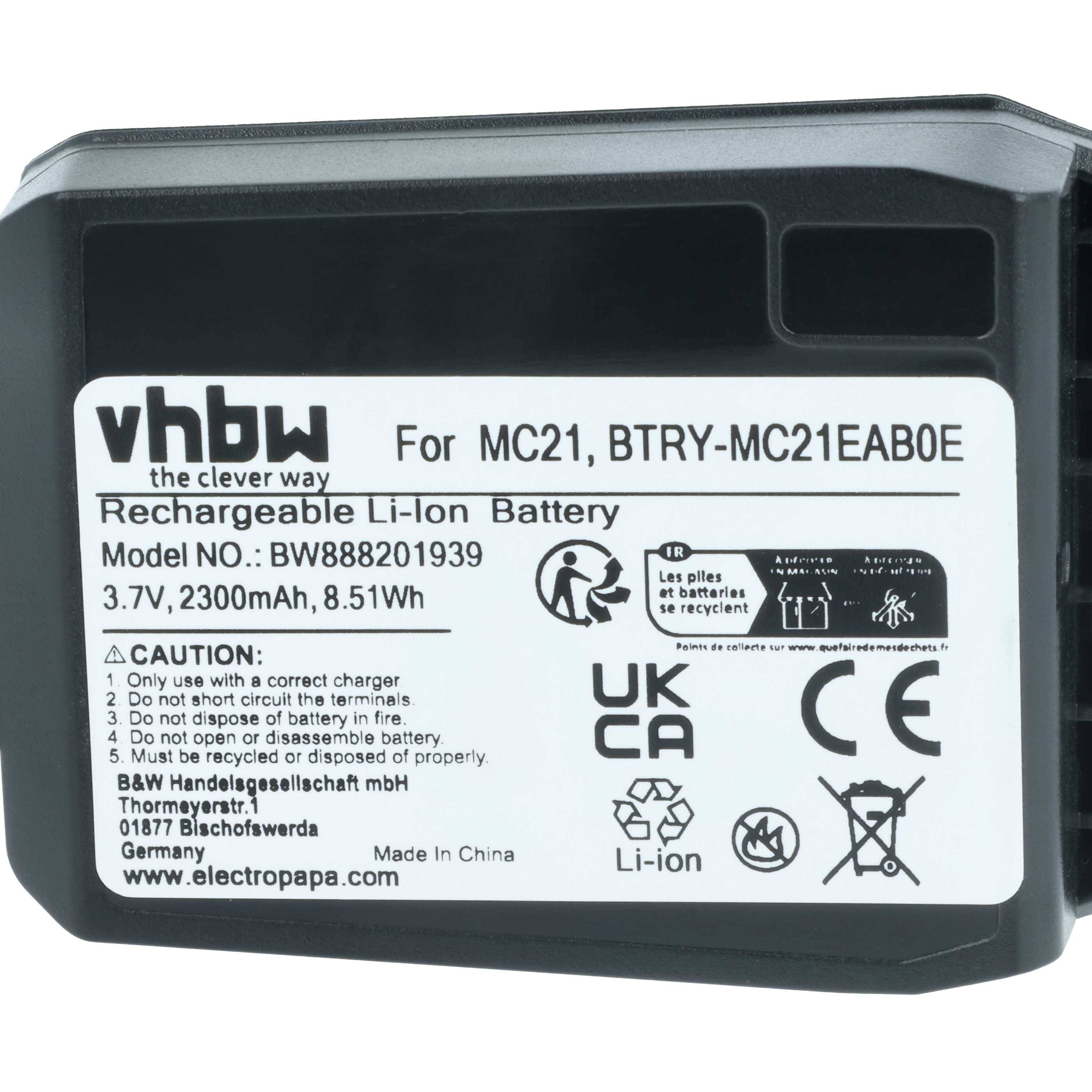 Wiederaufladbare Li-Ionen-Batterie, Modell BW888201939, 3,7V, 2300mAh, 8,51Wh. Für MC21, BTRY-MC21EABOE. Zertifizierungen: CE, UKCA, FCC.