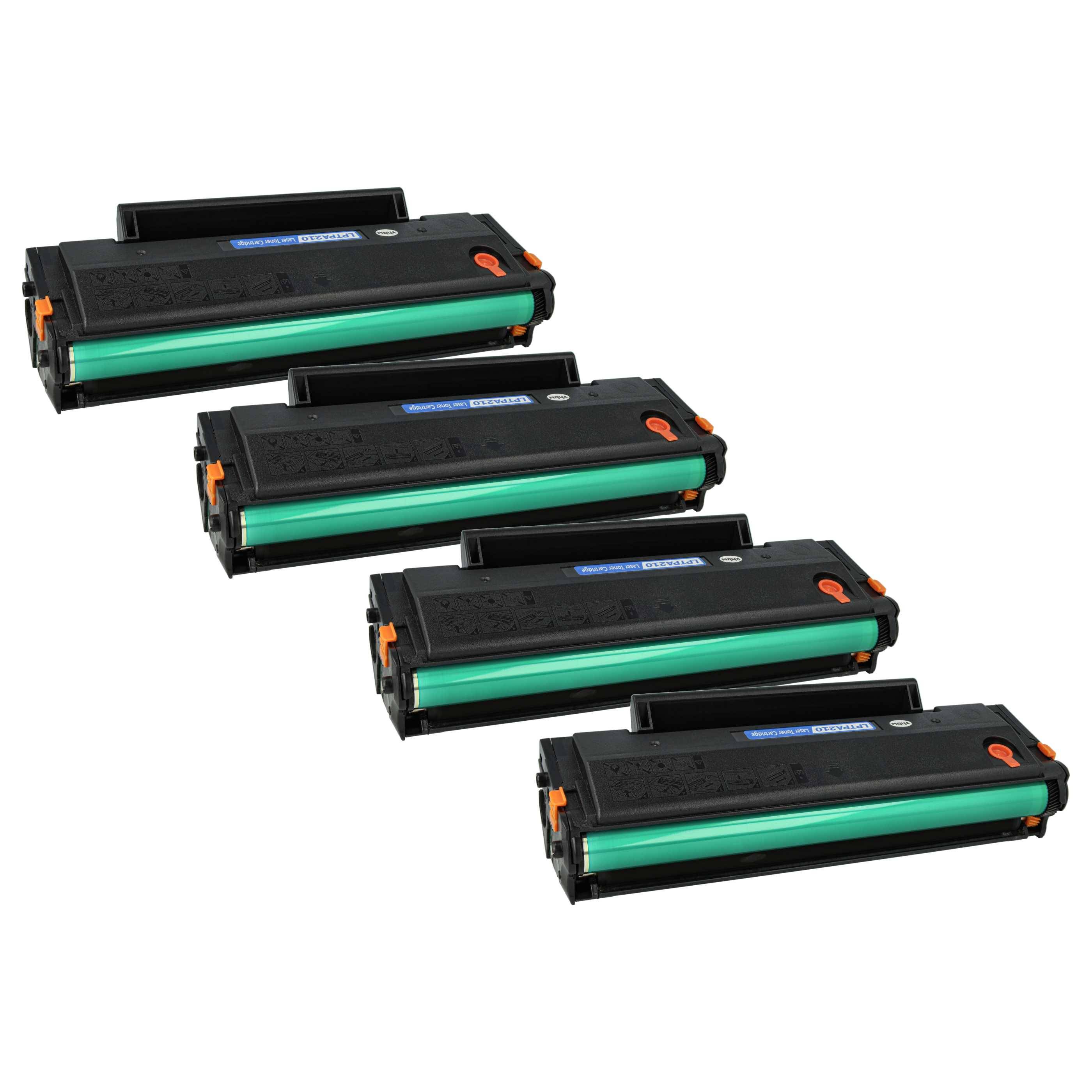 Vier schwarze Druckertonerkartuschen in zwei Reihen angeordnet, jede mit grünen Walzen und orangefarbenen Clips, bestimmt zum Ersetzen verbrauchter Einheiten in Druckern.