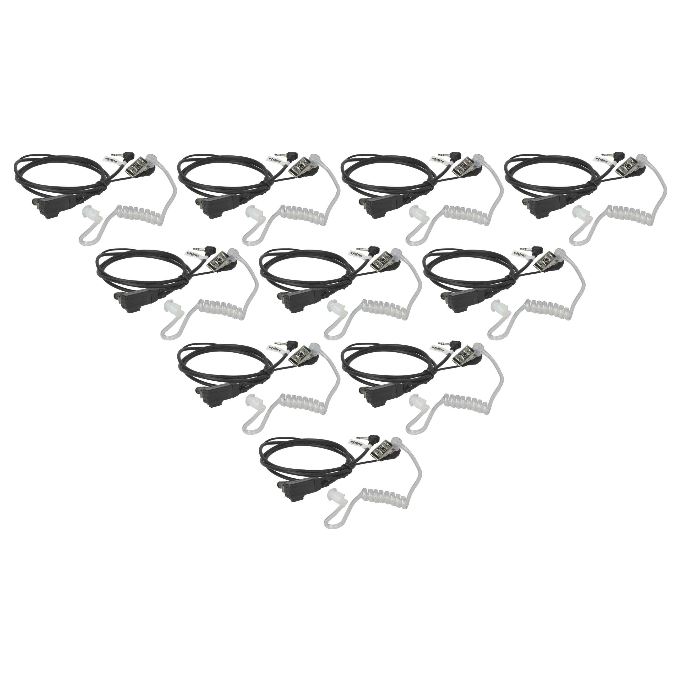 Zwölf schwarze Ohrhörer mit aufgewickelten weißen Kabeln sind in einem dreieckigen Muster vor weißem Hintergrund angeordnet.