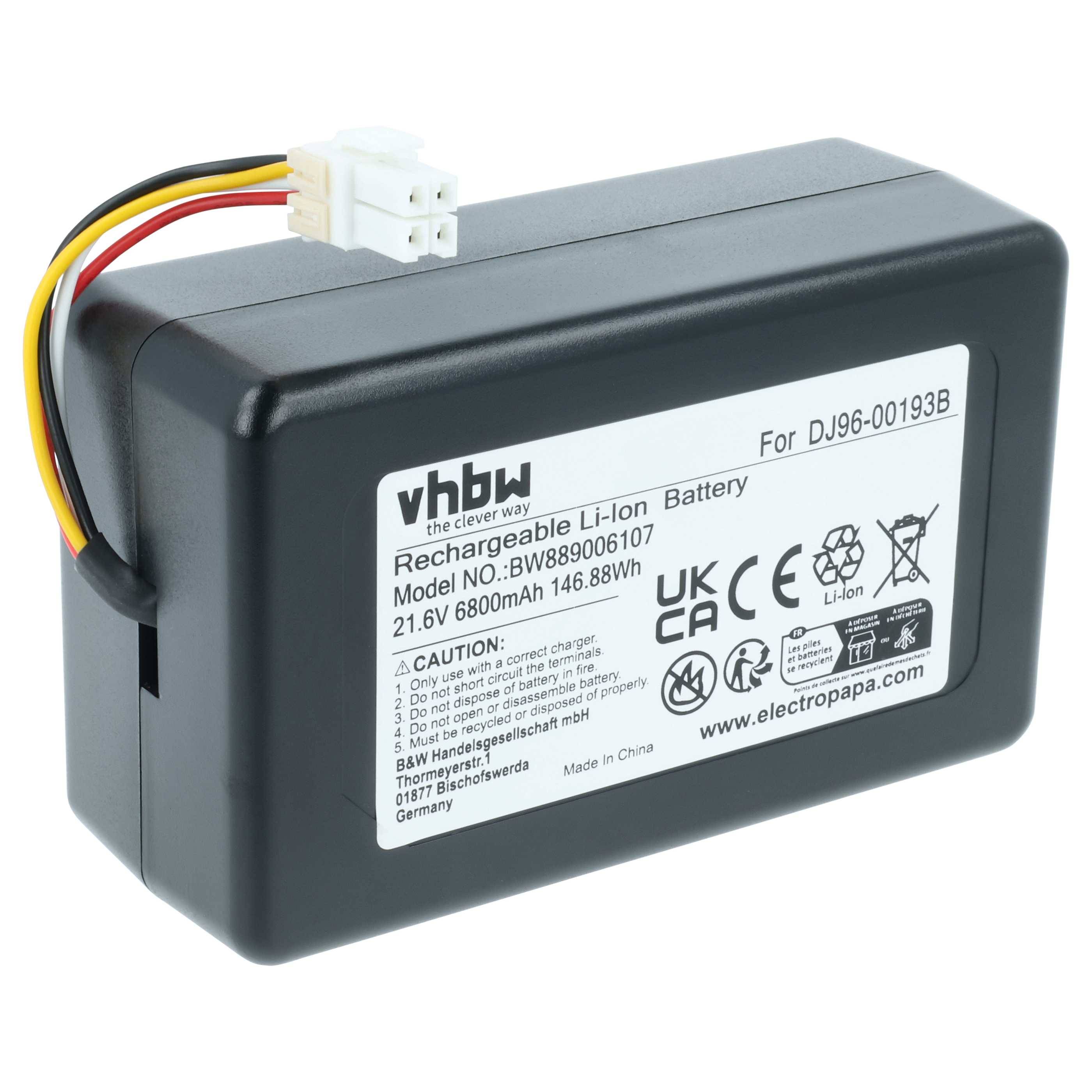 Eine schwarze wiederaufladbare Lithium-Ionen-Batterie mit einem Etikett, das die Modellnummer BWB90806107, 21,6 V, 6800 mAh, 146,88 Wh anzeigt. Sie hat farbige Drähte.