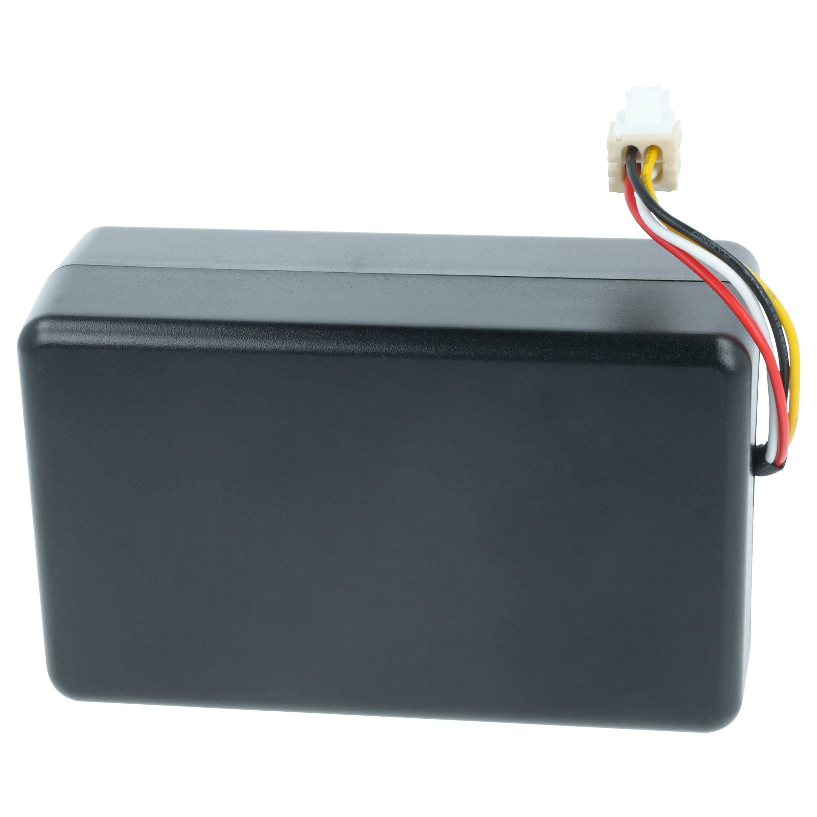 Ein schwarzes rechteckiges Akkupack mit roten, schwarzen und gelben Drähten, die oben mit einem weißen Stecker verbunden sind.