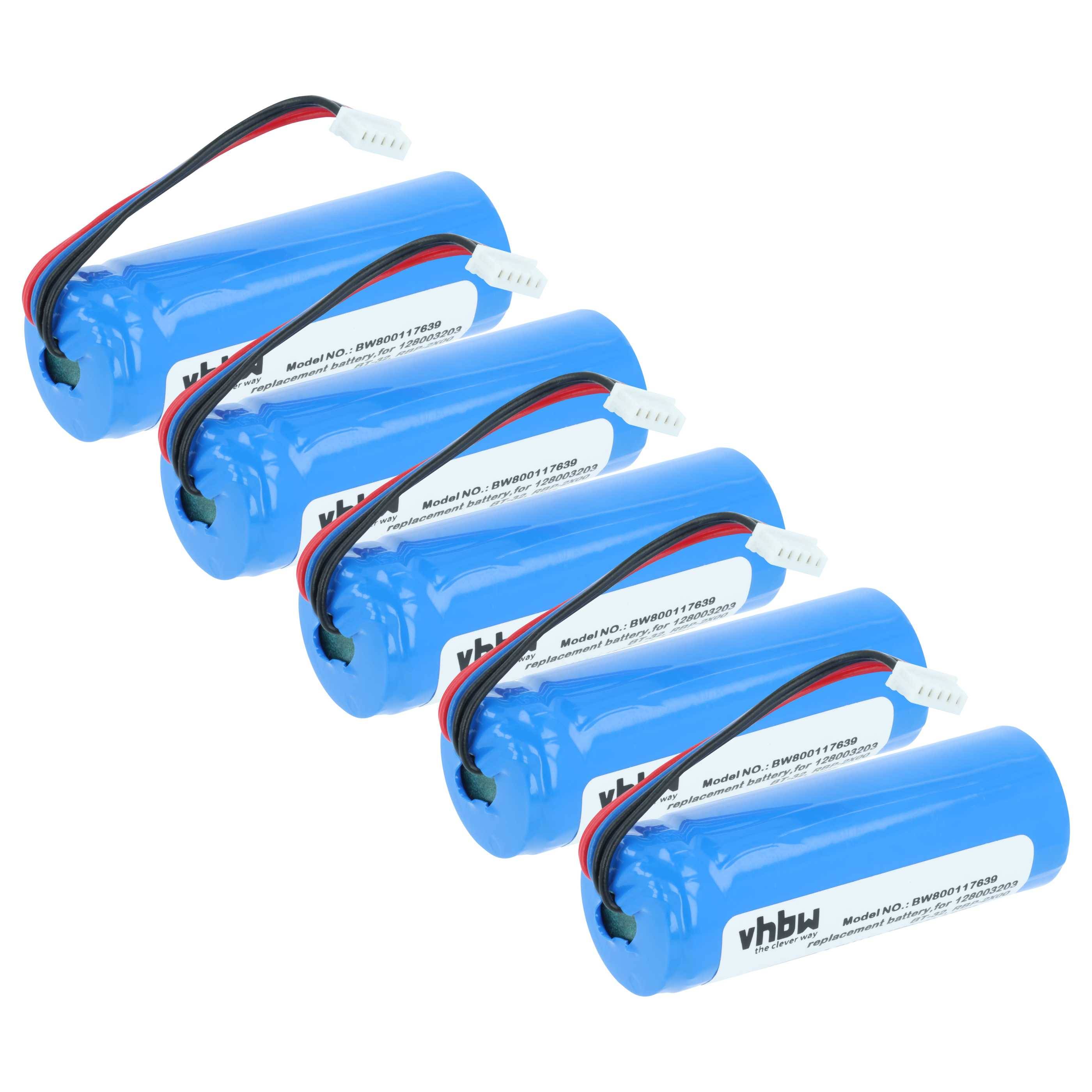 Sechs blaue zylindrische wiederaufladbare Batterien mit roten und schwarzen Drähten, entwickelt für Elektronik, sind diagonal hintereinander angeordnet.