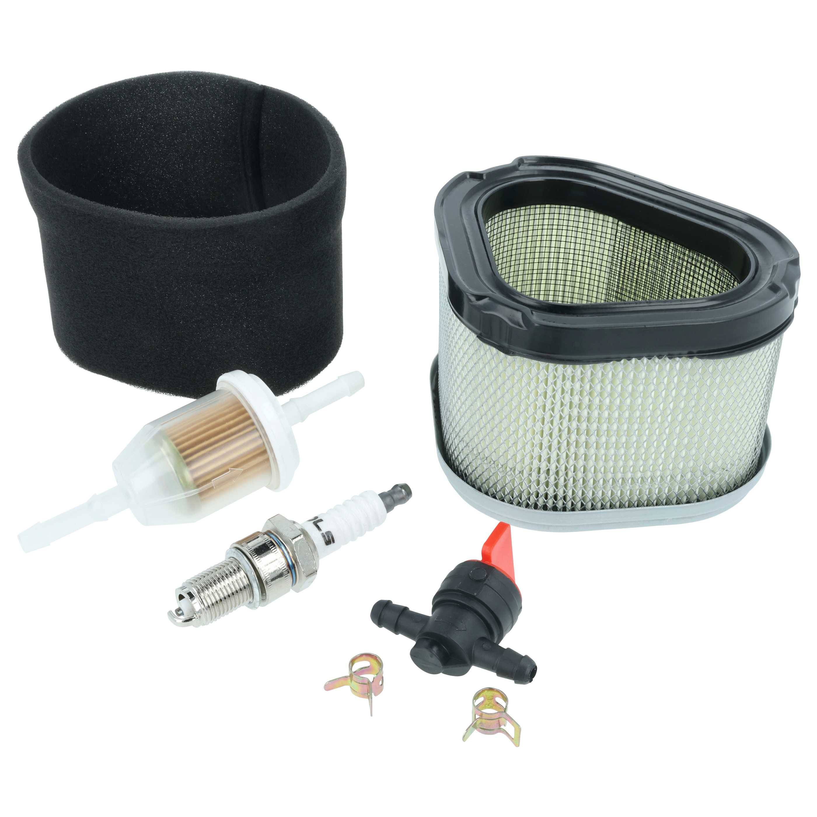 Eine Sammlung kleiner Motorteile umfasst einen Luftfilter, einen Kraftstofffilter, eine Zündkerze und Ventile, die für die Motorwartung unverzichtbar sind.