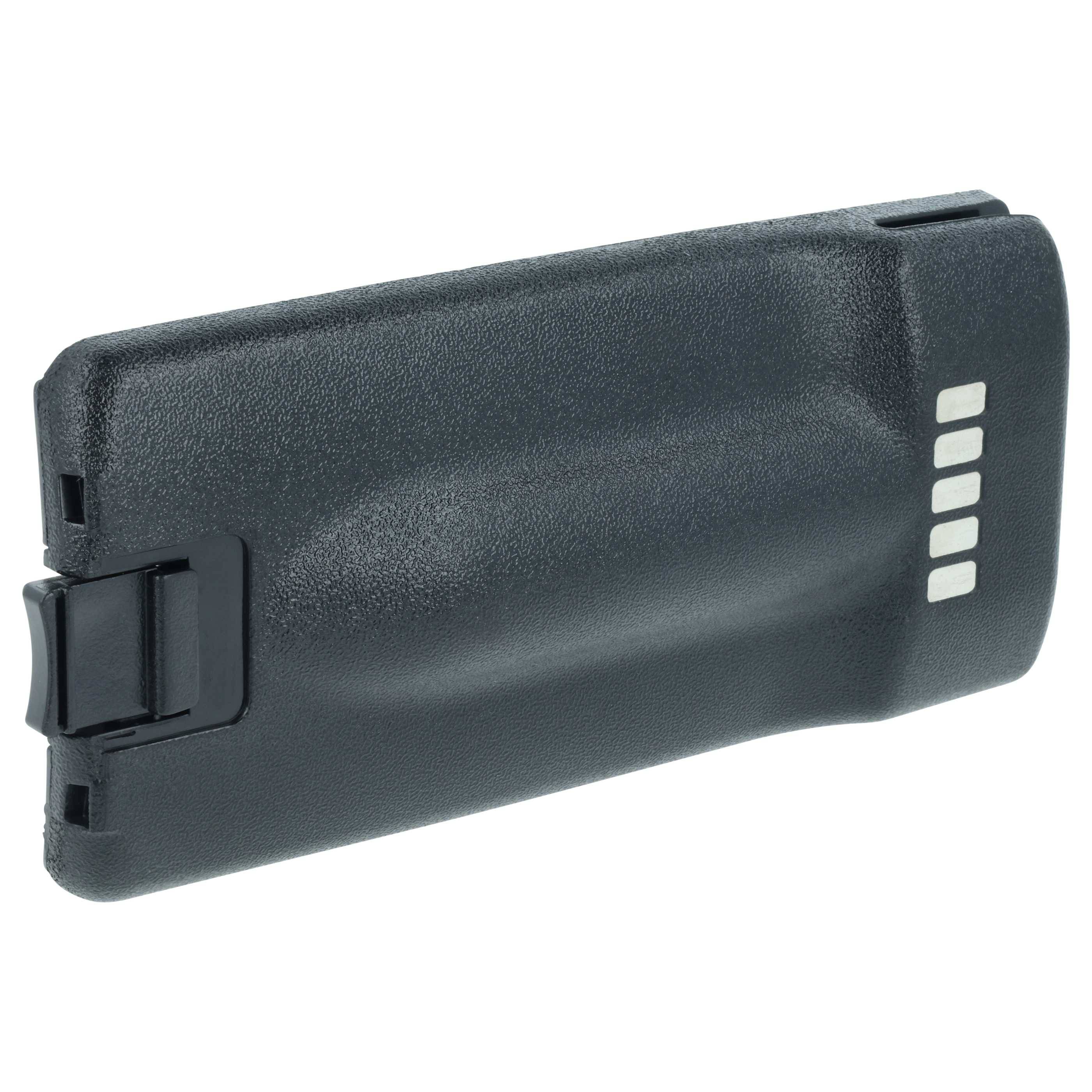 Eine schwarze Zwei-Wege-Funkbatterie, die auf ihrer Seite liegt und fünf silberne Kontaktpunkte zeigt. Sie wirkt langlebig und tragbar.