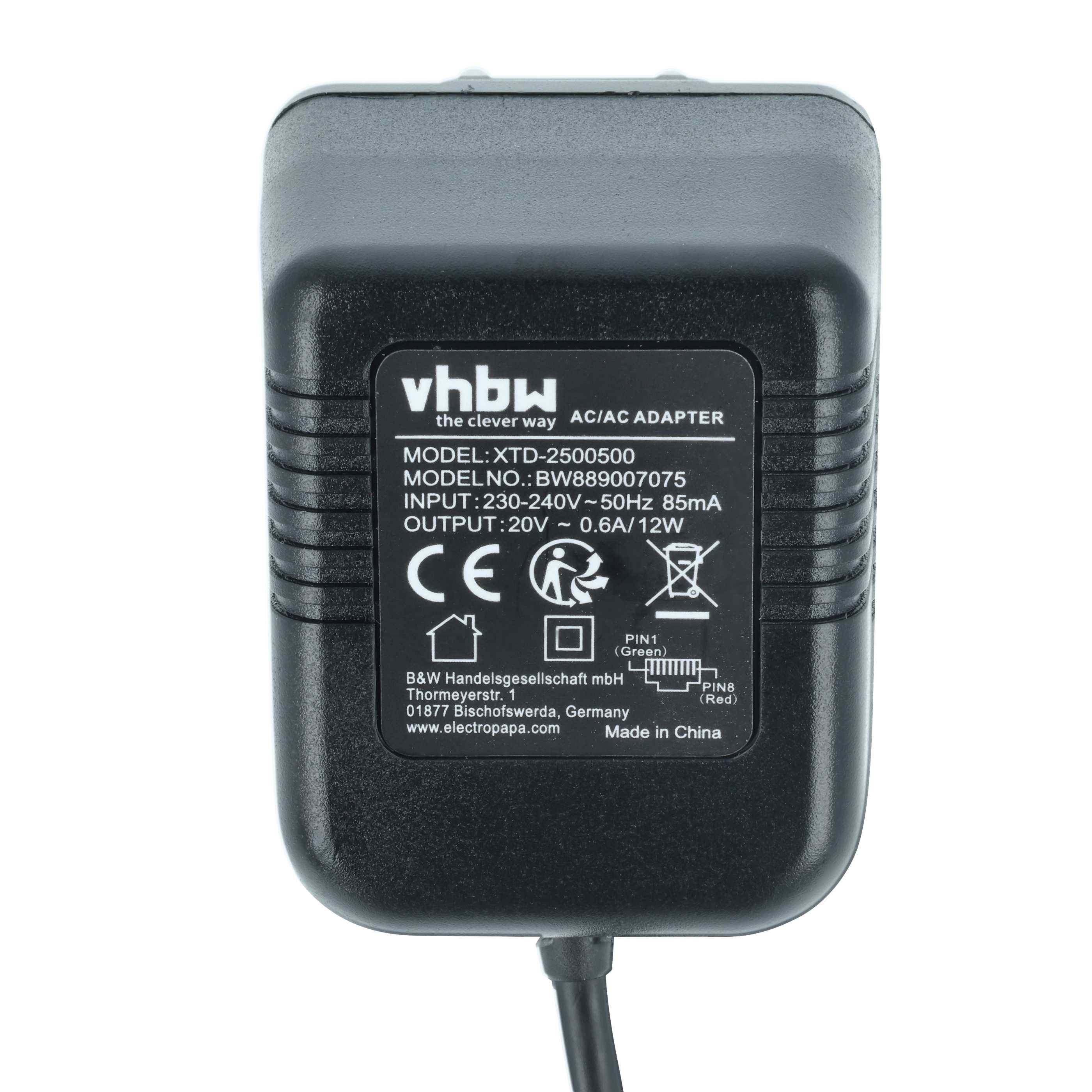 vhbw AC/AC-Adapter, Modell: XTD-2500500, Eingang: 230-240V~50Hz 85mA, Ausgang: 20V ⎓ 0,6A/12W, hergestellt in China.