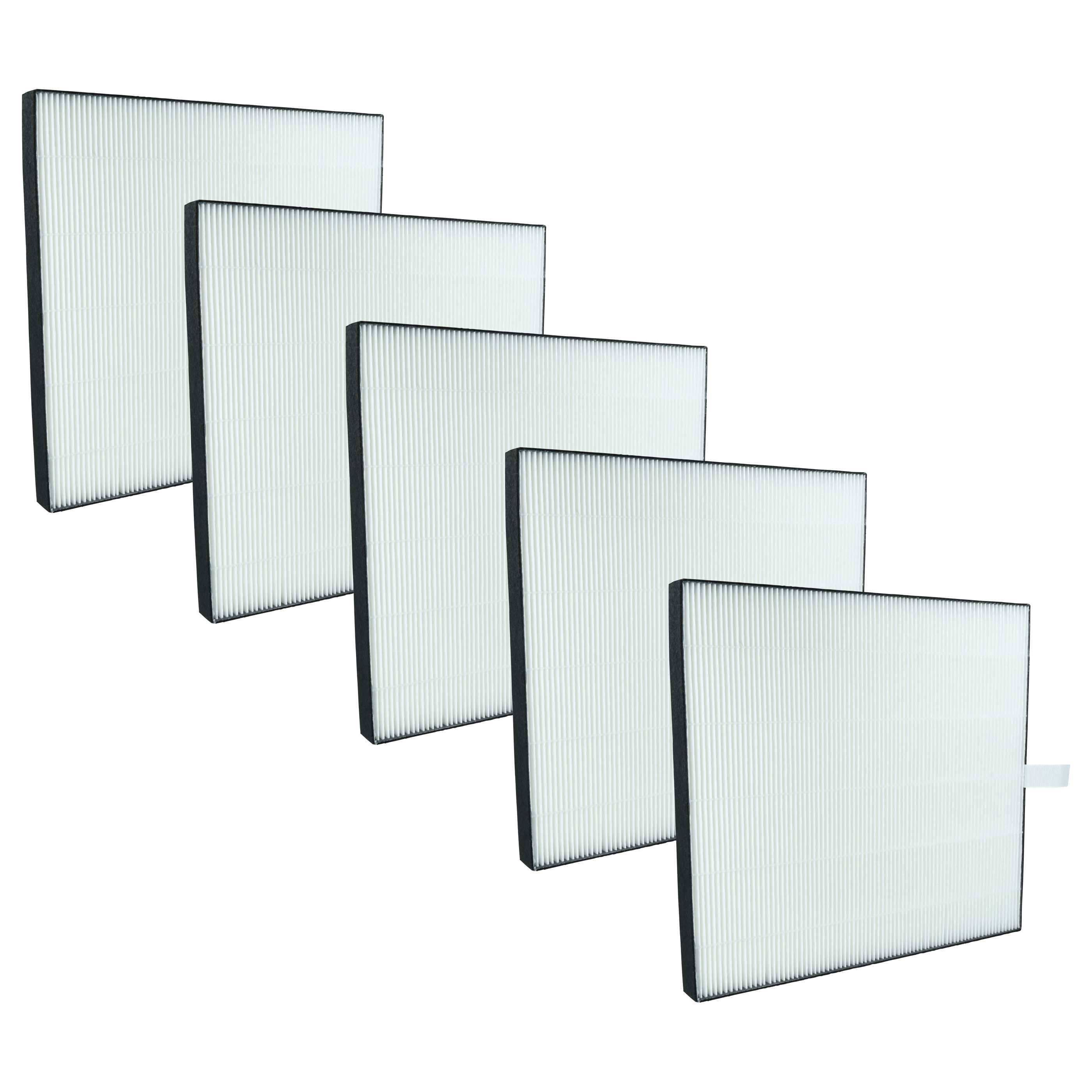 Fünf rechteckige Luftfilter, parallel positioniert, die ihr Faltenwurfdesign zeigen.