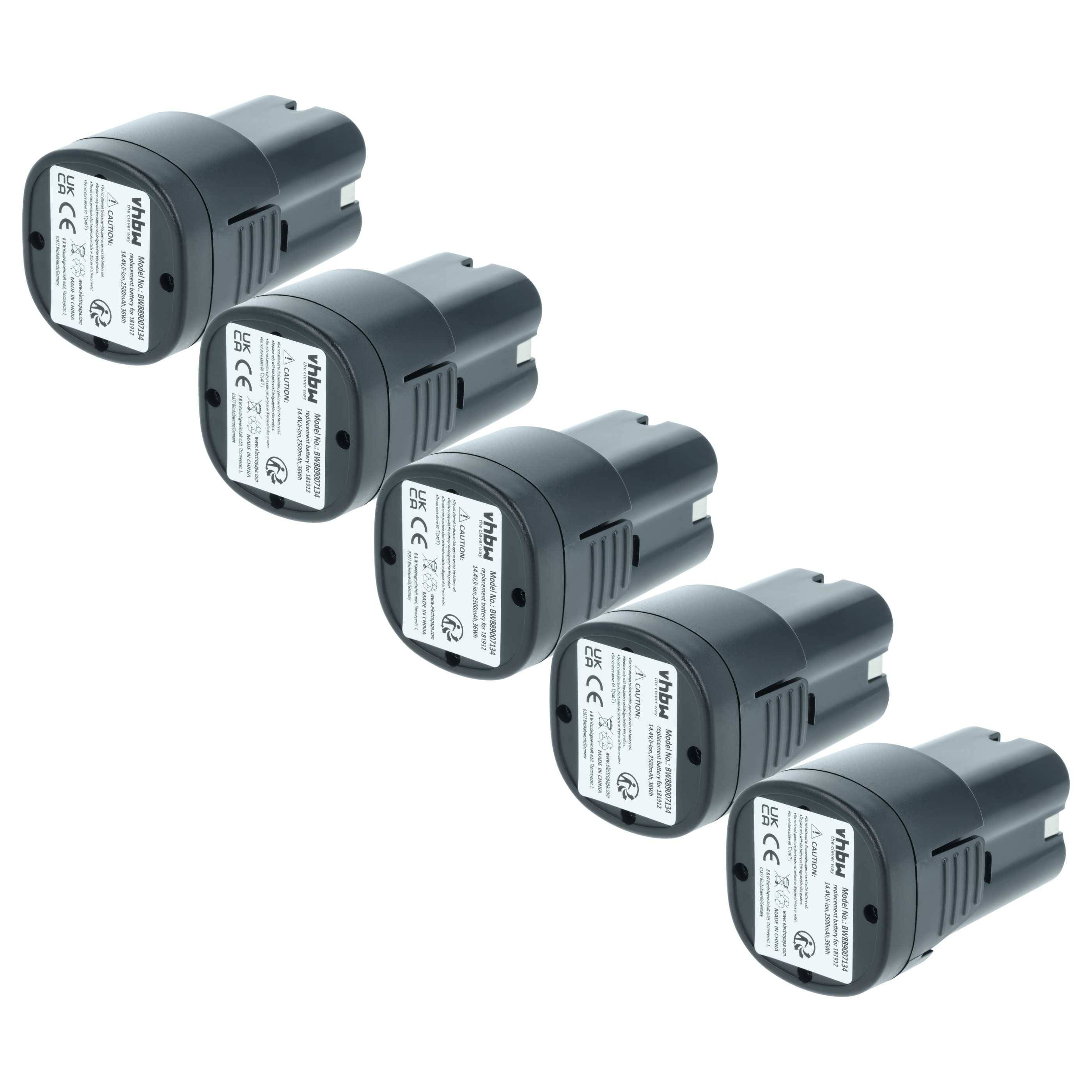 Fünf schwarze Lithium-Ionen-Akkupacks diagonal angeordnet. Beschriftungen zeigen Spezifikationen und Sicherheitssymbole an, die Kompatibilität und Verwendung angeben.
