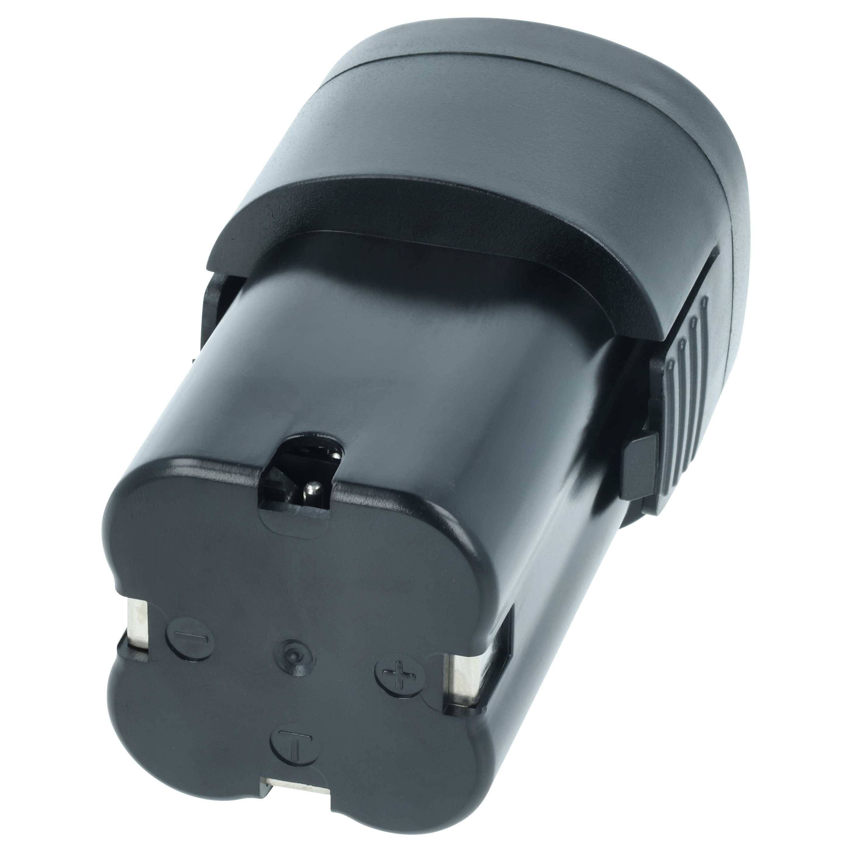 Ein wiederaufladbares Batteriepaket mit schwarzem Gehäuse, mit sichtbaren positiven und negativen Anschlüssen, das in Elektrowerkzeugen verwendet wird.