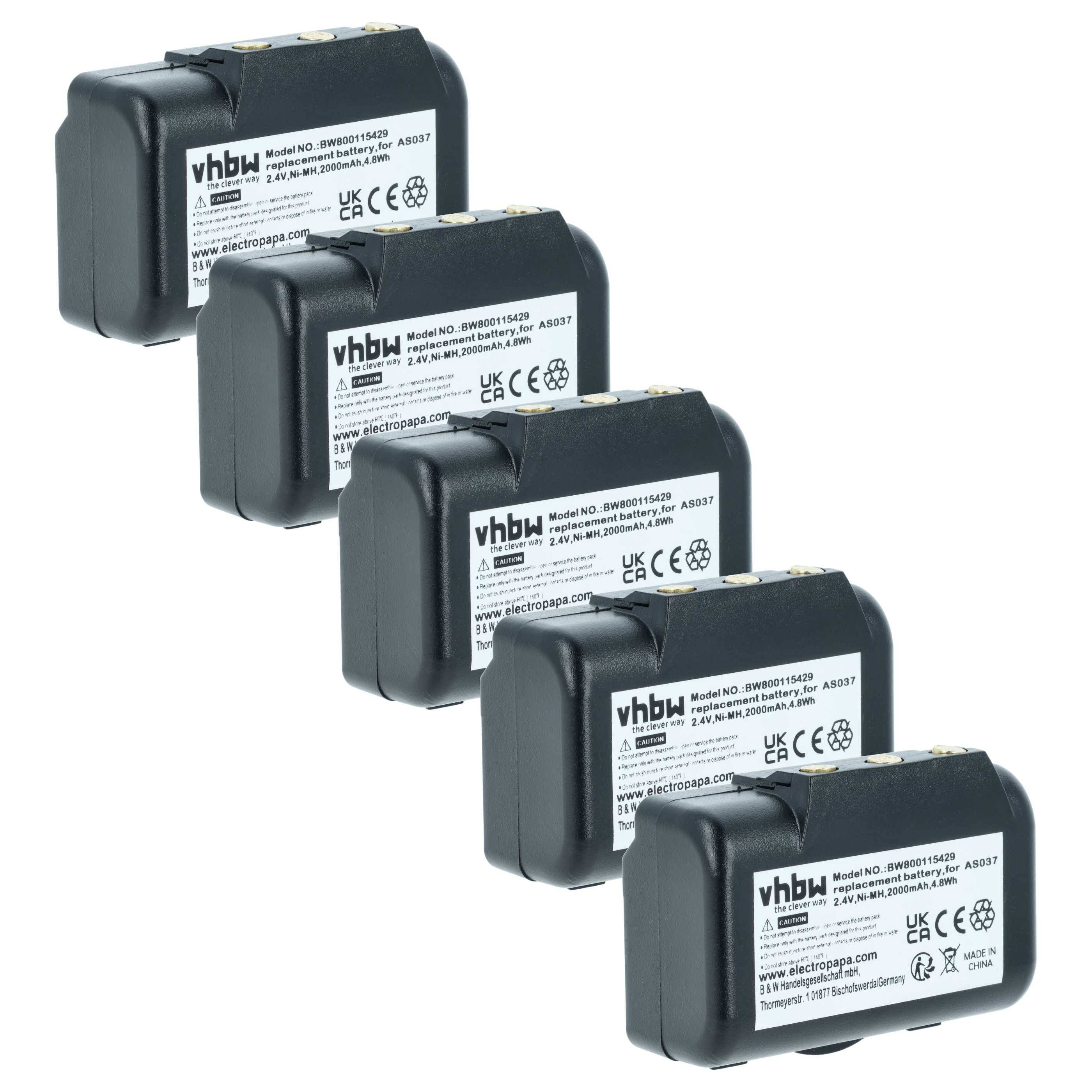 vhbw 5x Akku kompatibel mit IMET I060-AS037, M550S Wave L, BE5000 Industrie-Funkfernsteuerung Fernbedienung (2000 mAh, 2,4 V, NiMH) - Schwarz