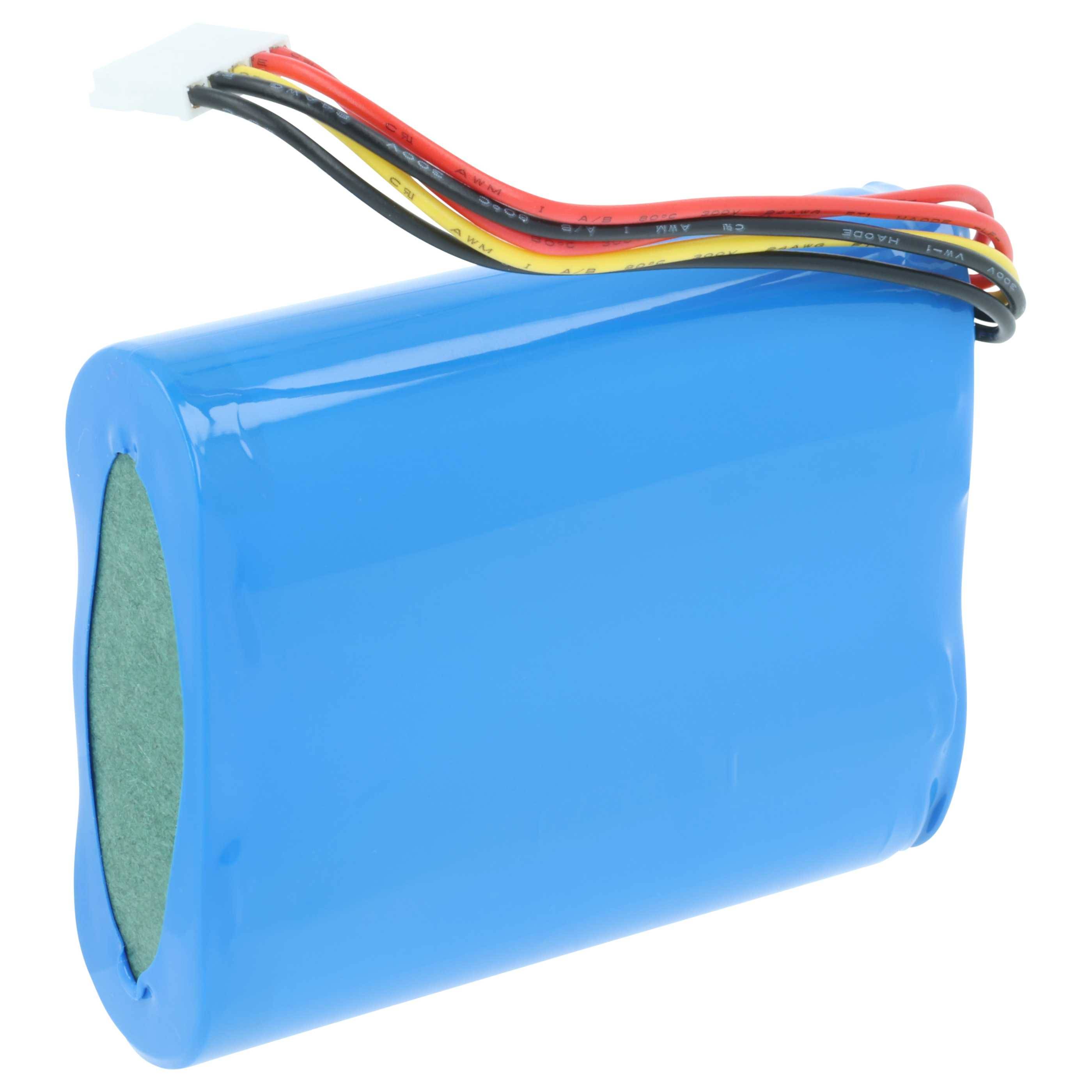 Ein blauer zylindrischer Batteriepack mit roten, gelben und schwarzen Drähten wird gezeigt, wahrscheinlich für elektronische Geräte verwendet.
