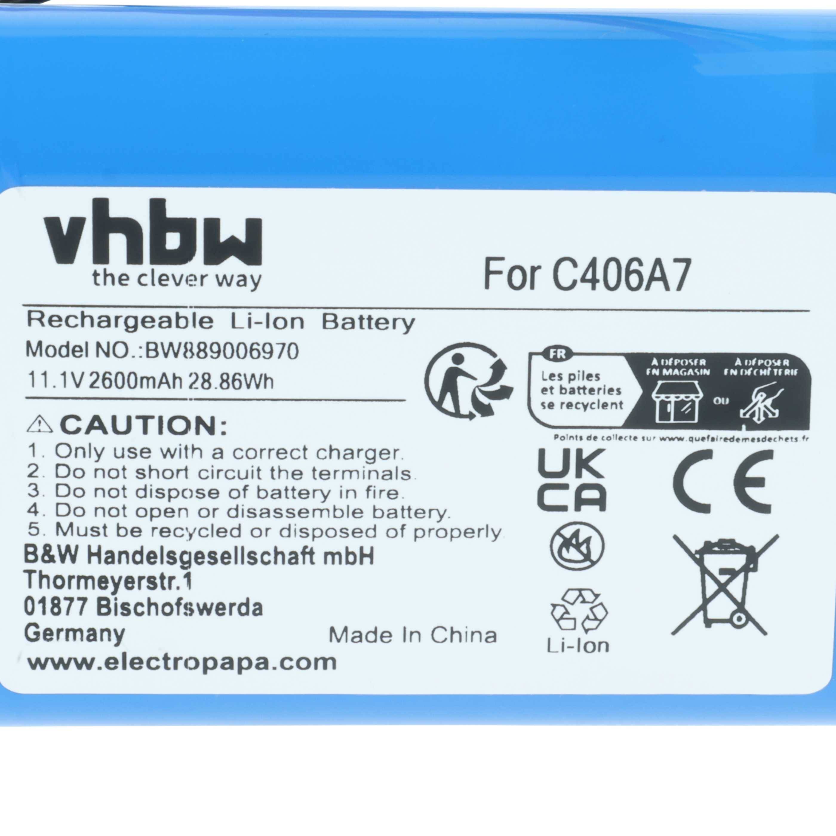 Das Bild zeigt einen blauen vhbw Lithium-Ionen-Akku für Modell C406A7, 11,1V, 2600mAh, mit Sicherheitswarnungen und Recyclinginformationen.