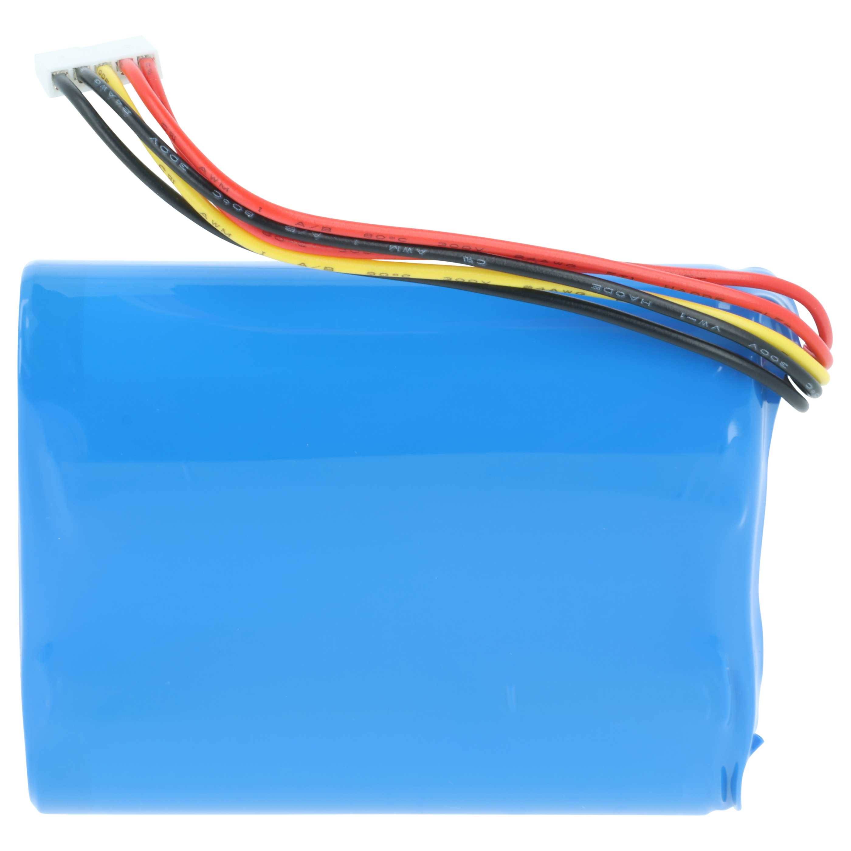 Ein blaues rechteckiges Batteriepack mit fünf mehrfarbigen Drähten, die von oben herausragen.