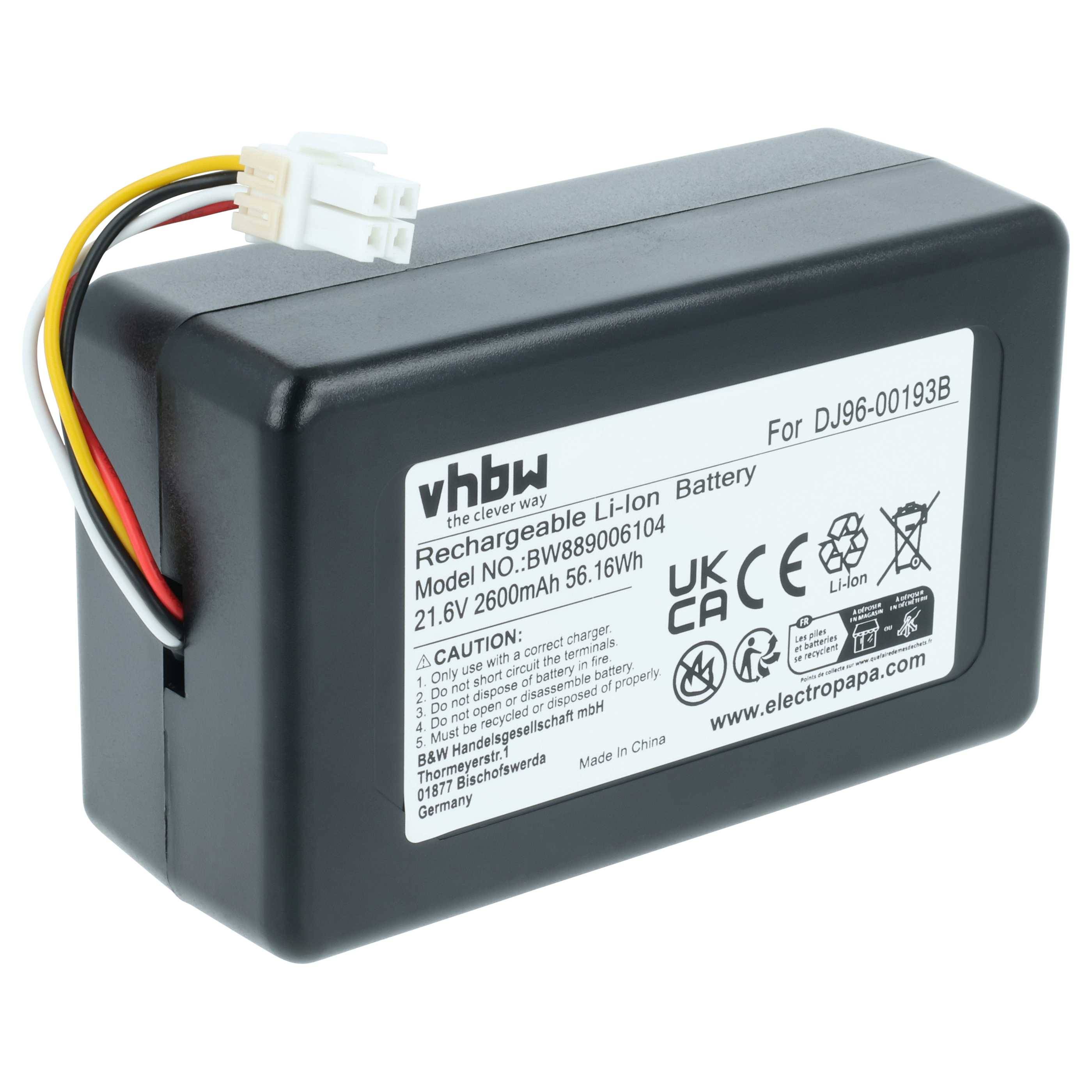 Wiederaufladbare Li-Ionen-Batterie mit Modell BBW880060104, 21,6V, 2600mAh, 56,16Wh. Schwarzes Gehäuse mit einem Etikett, das Zertifizierungen anzeigt.