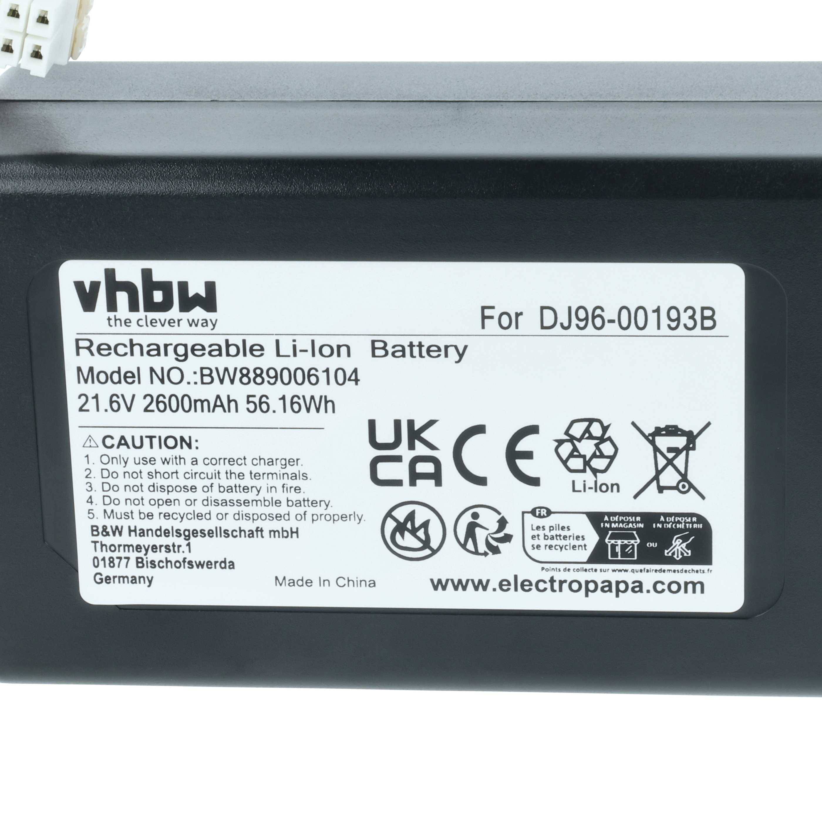 Wiederaufladbare Li-Ionen-Batterie, 21,6V, 2600mAh, 56,16Wh, Modell BW-889060104, für DJ96-00193B, enthält Sicherheitssymbole und Warnhinweise.