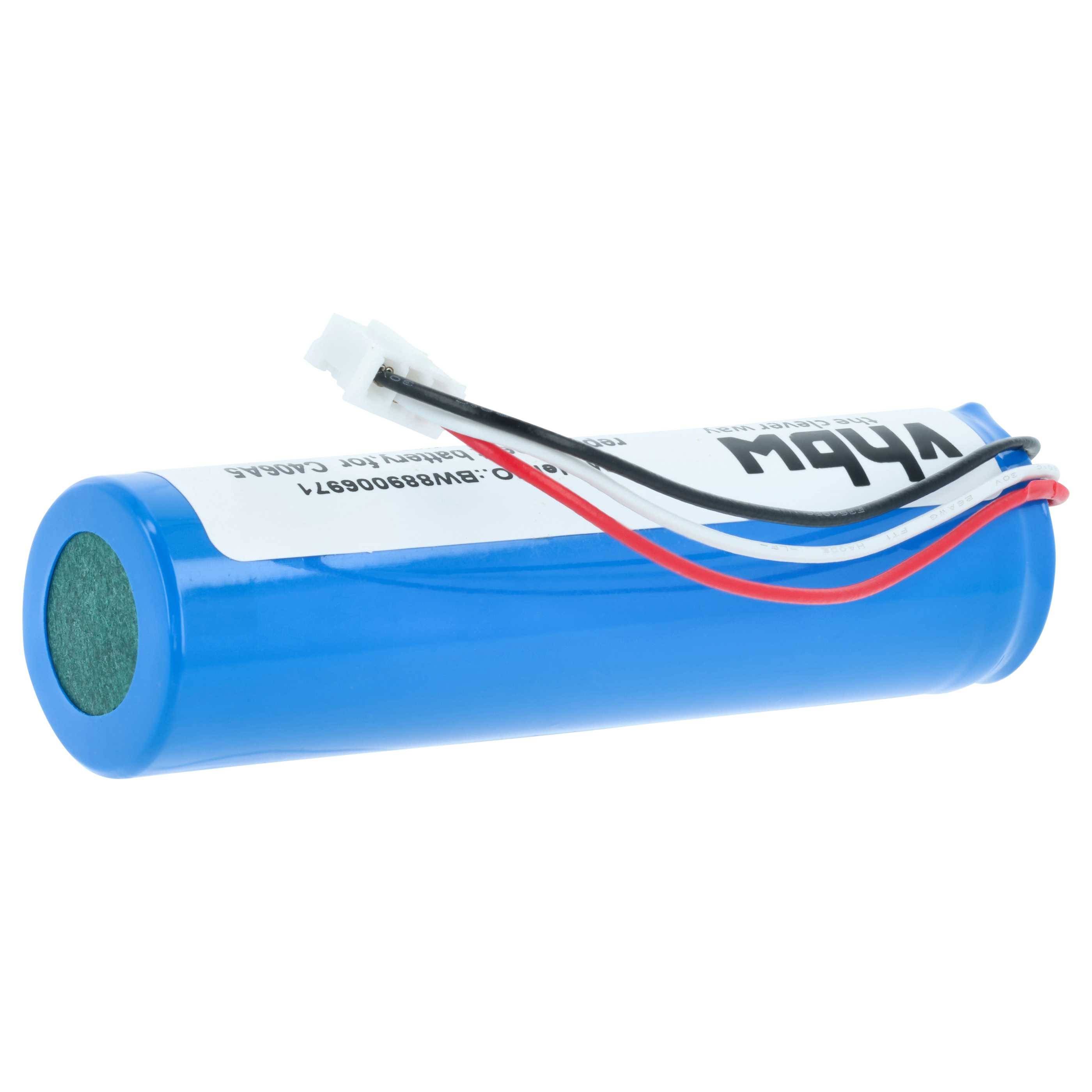 Eine blaue zylindrische Batterie mit drei angebrachten Drähten (schwarz, rot und weiß) und einem weißen Stecker am Ende, die in elektronischen Geräten verwendet wird.