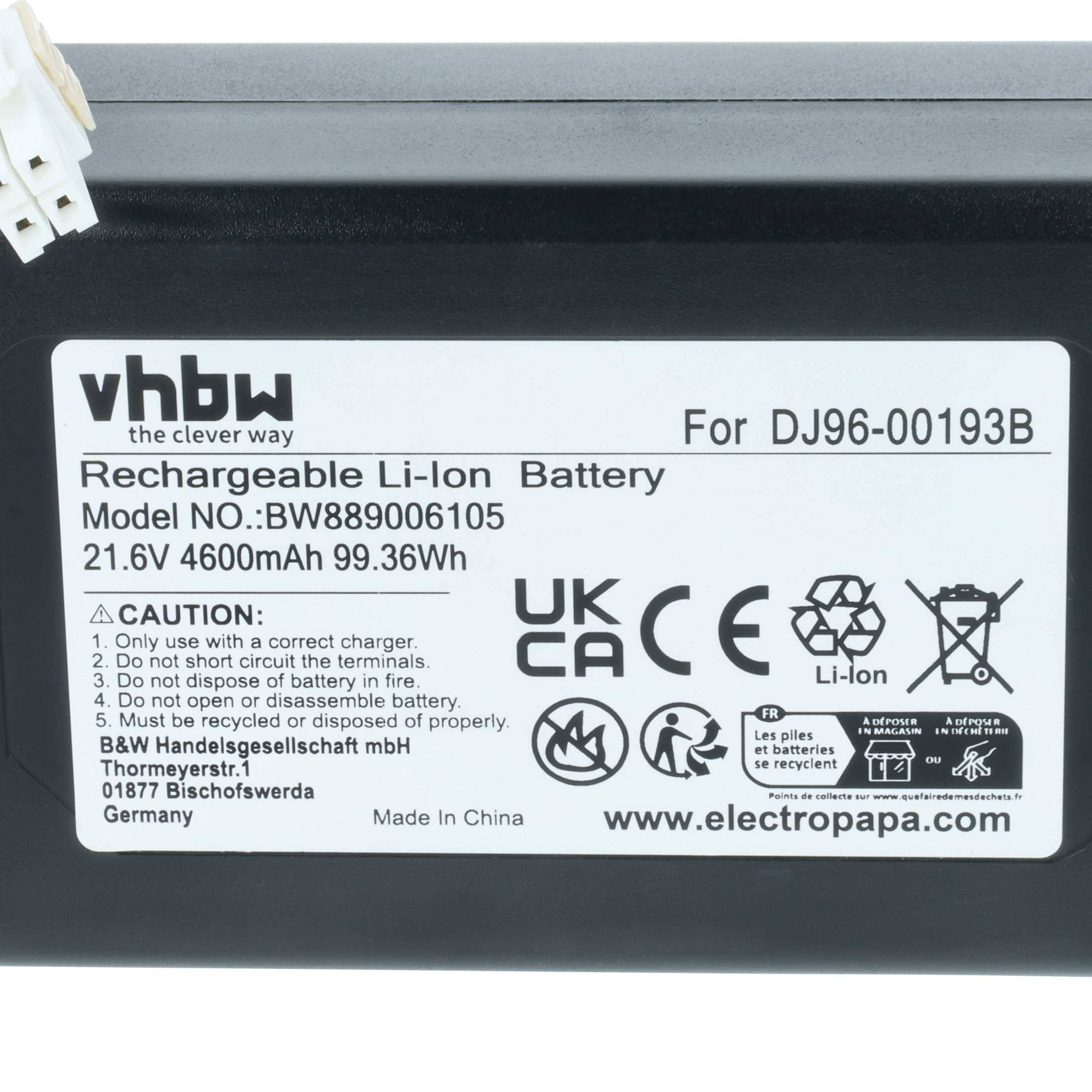 Wiederaufladbare Li-Ionen-Batterie für DJ96-00193B, Modell BW889006103, 21,6V, 4600mAh, 99,36Wh. Beinhaltet Sicherheitsvorkehrungen und Zertifizierungen.