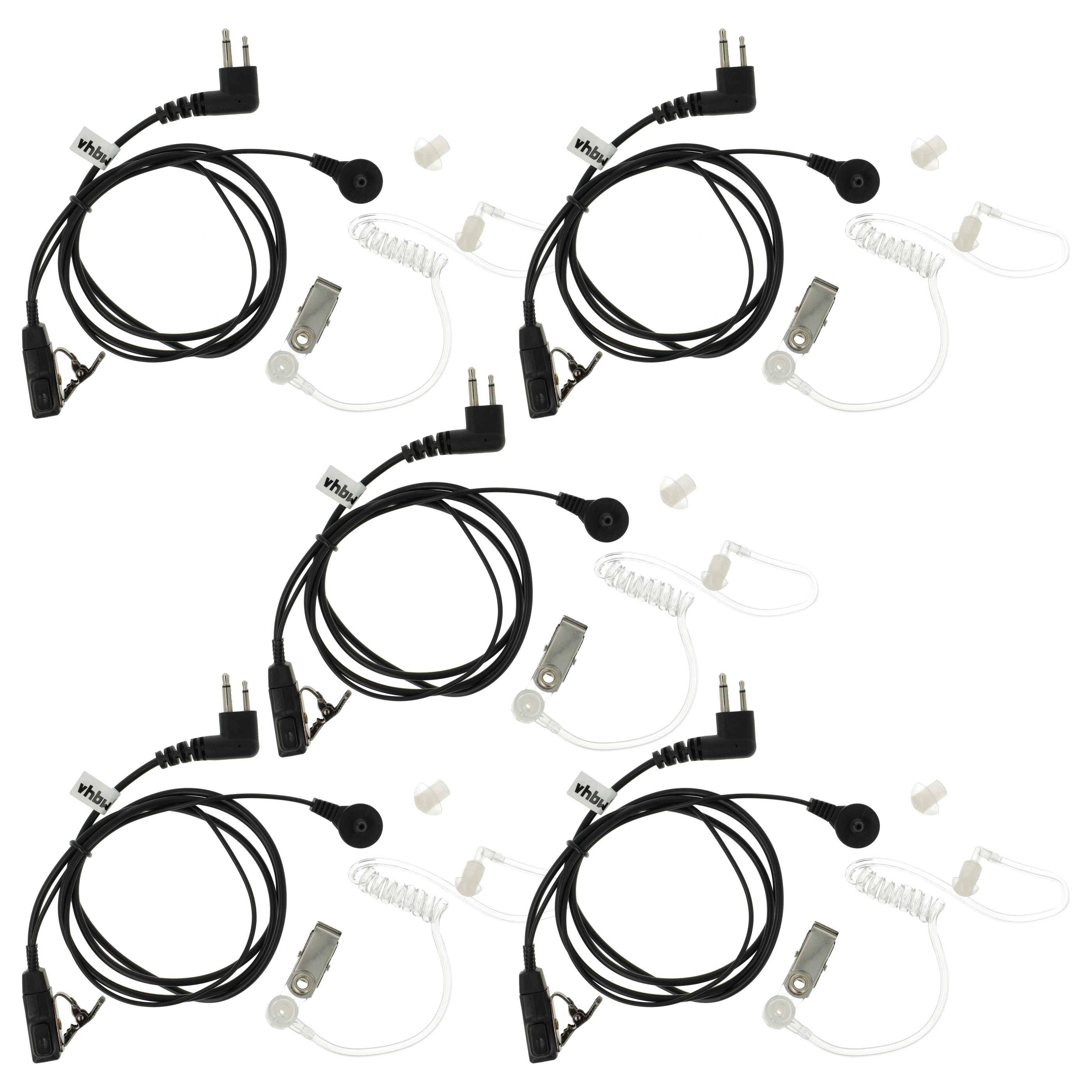 Fünf Sätze schwarzer akustischer Rohrohrstöpsel mit Steckern, Kabeln und Ohrstöpseln sind symmetrisch vor einem einfachen Hintergrund angeordnet.