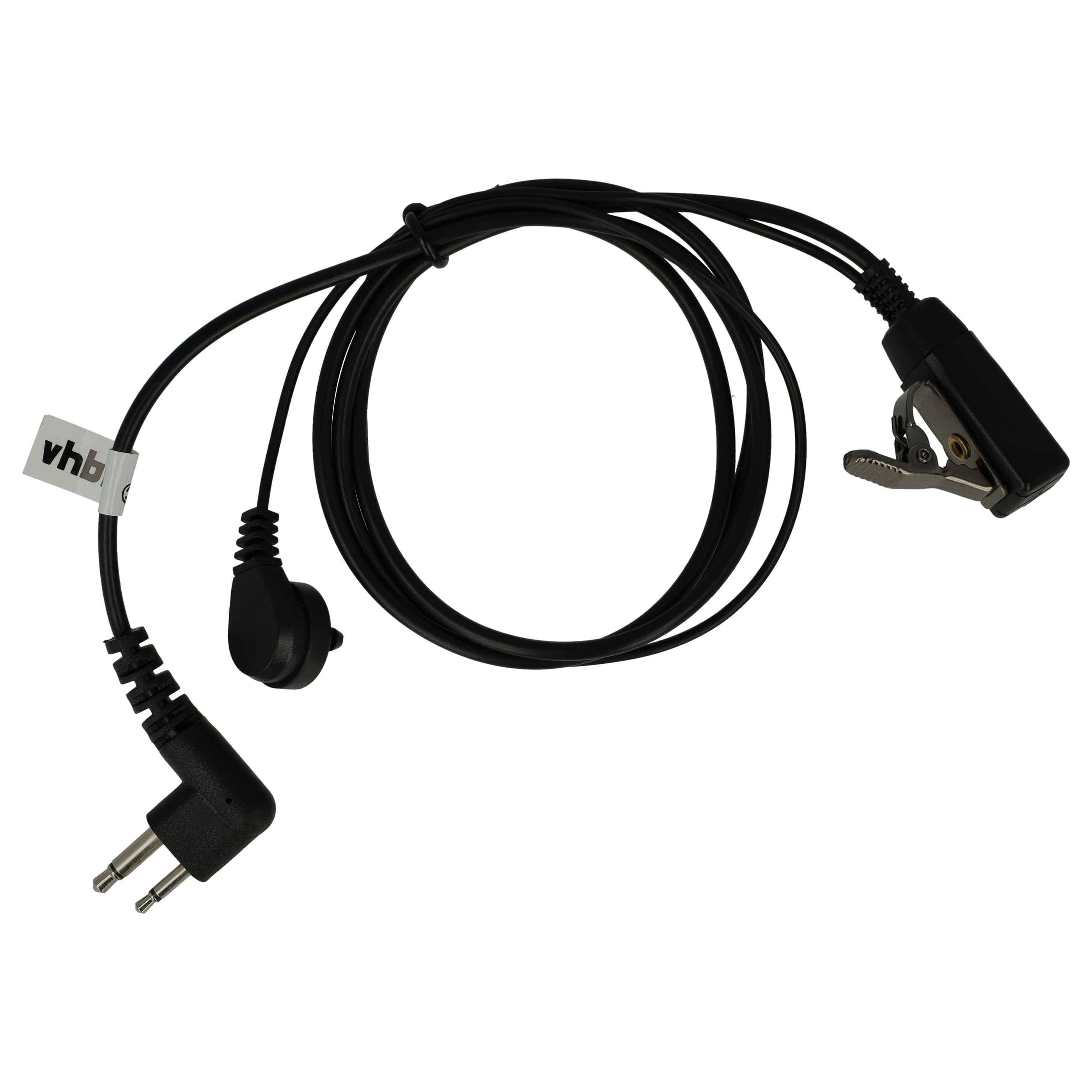 Ein schwarzes Kopfhörerkabel mit einem zweipoligen Stecker an einem Ende und einer Clip-Befestigung am anderen Ende, das für Kommunikationsgeräte verwendet wird.
