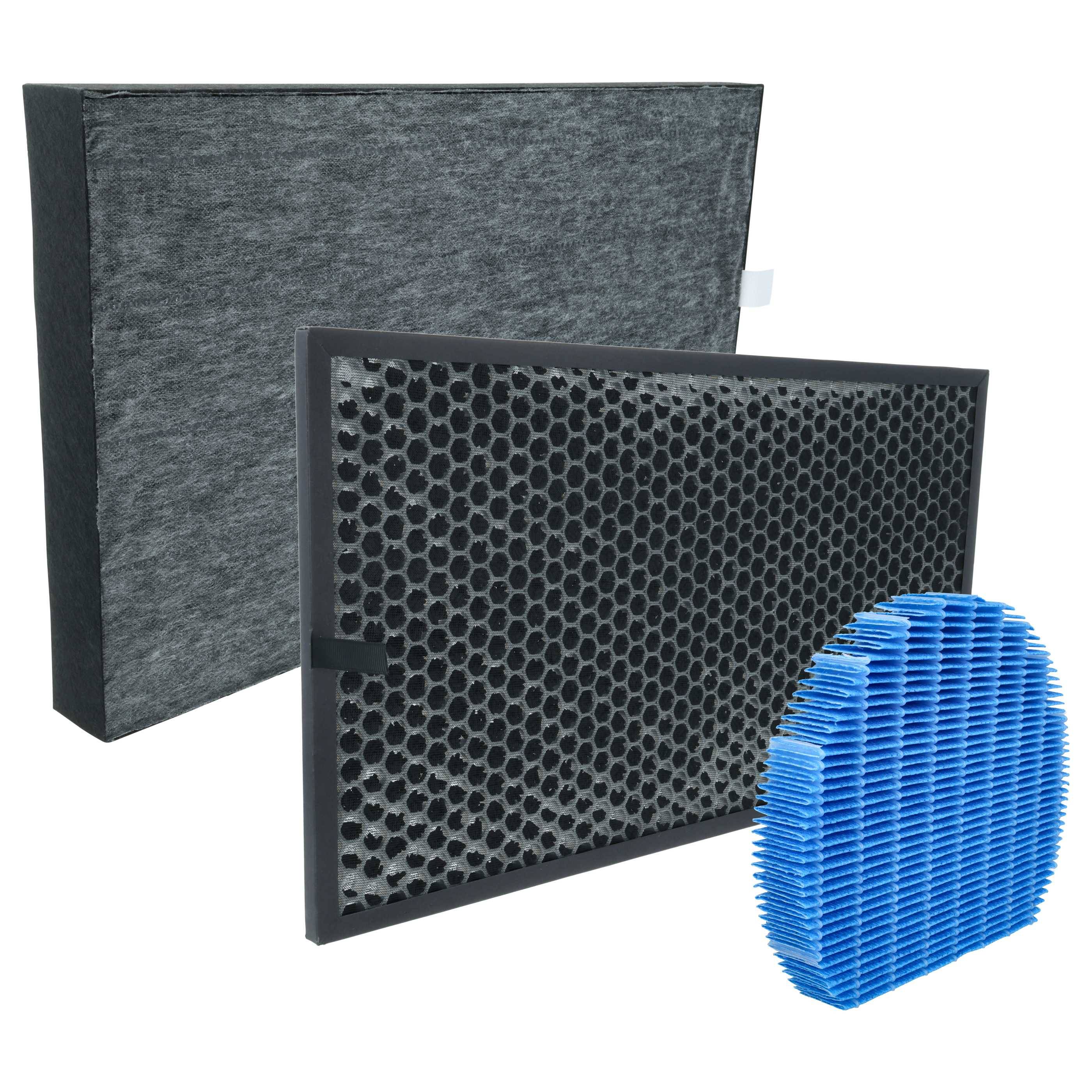 Ein Satz von Luftreinigungsfiltern bestehend aus einem Kohlefilter, einem Wabenfilter und einem blauen HEPA-Filter, die Schichten und Design demonstrieren.