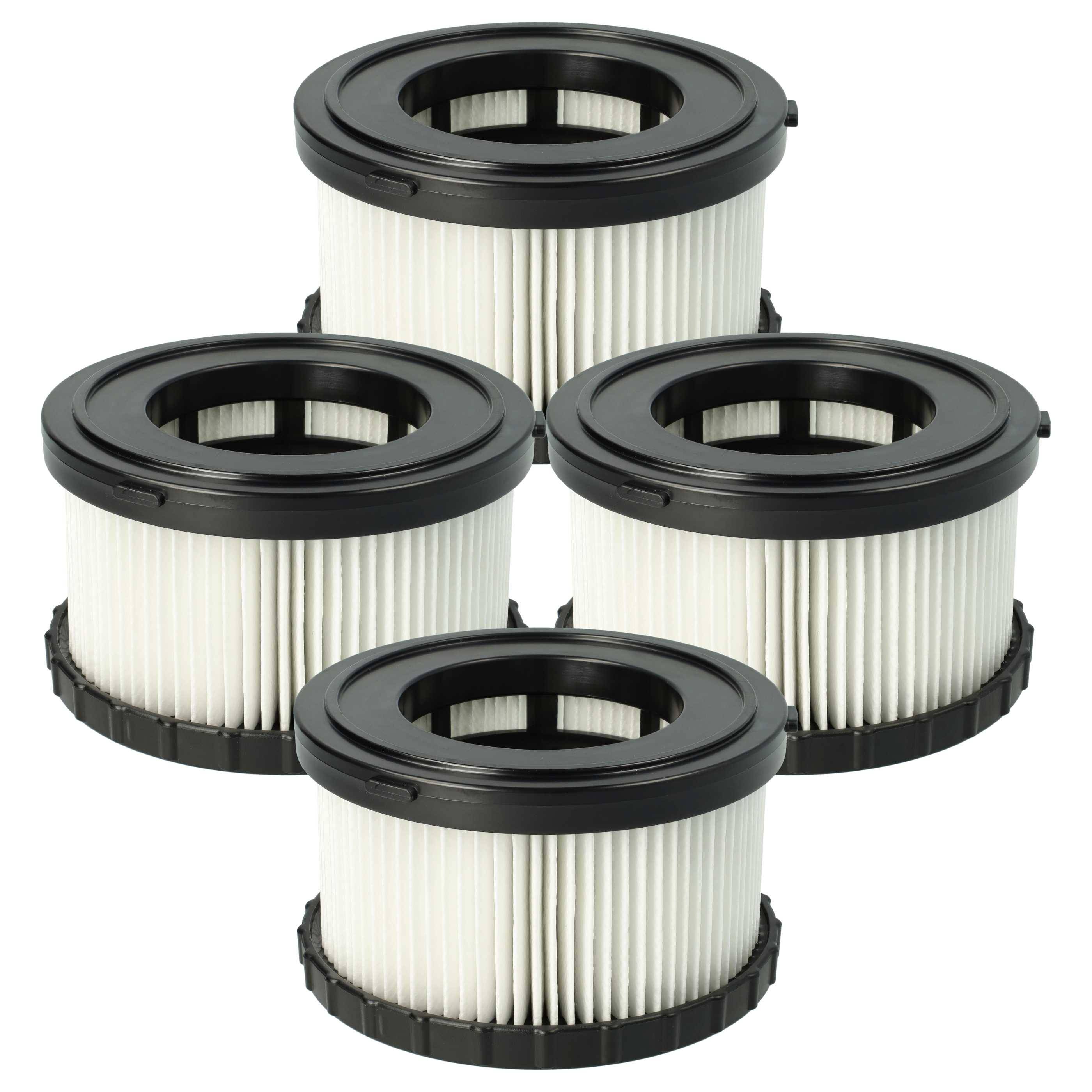 Vier zylindrische Luftfilter mit schwarzen Rändern und weißem Plissee-Material, dicht beieinander angeordnet.