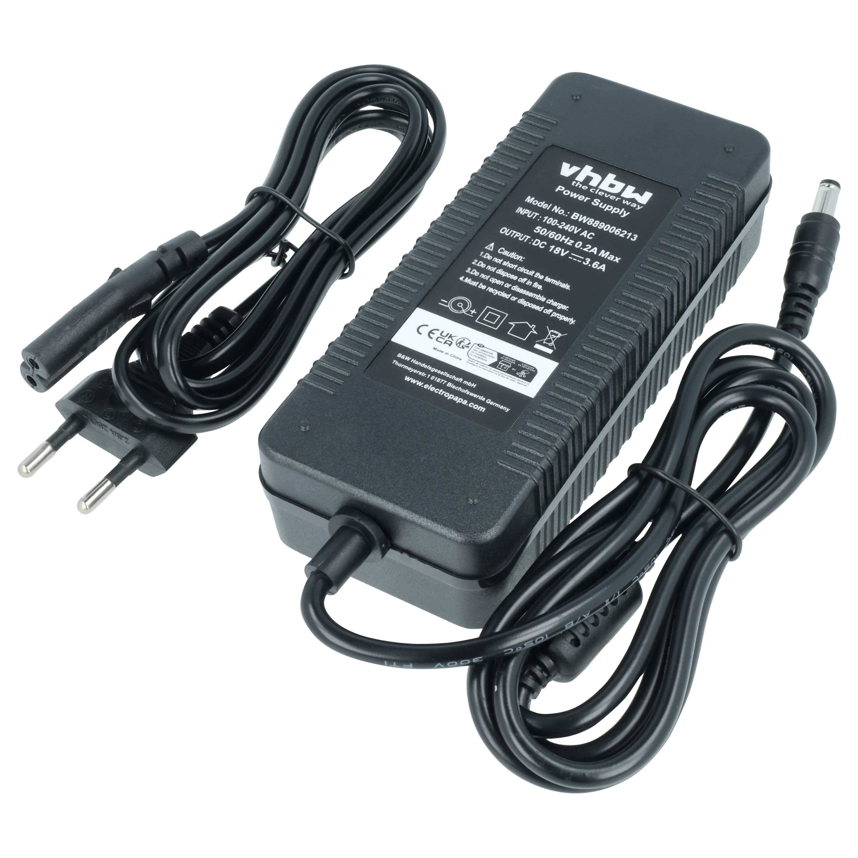 AC-Adapter mit Kabeln; gekennzeichnet als „vhbw Modell: EPW60-KW093