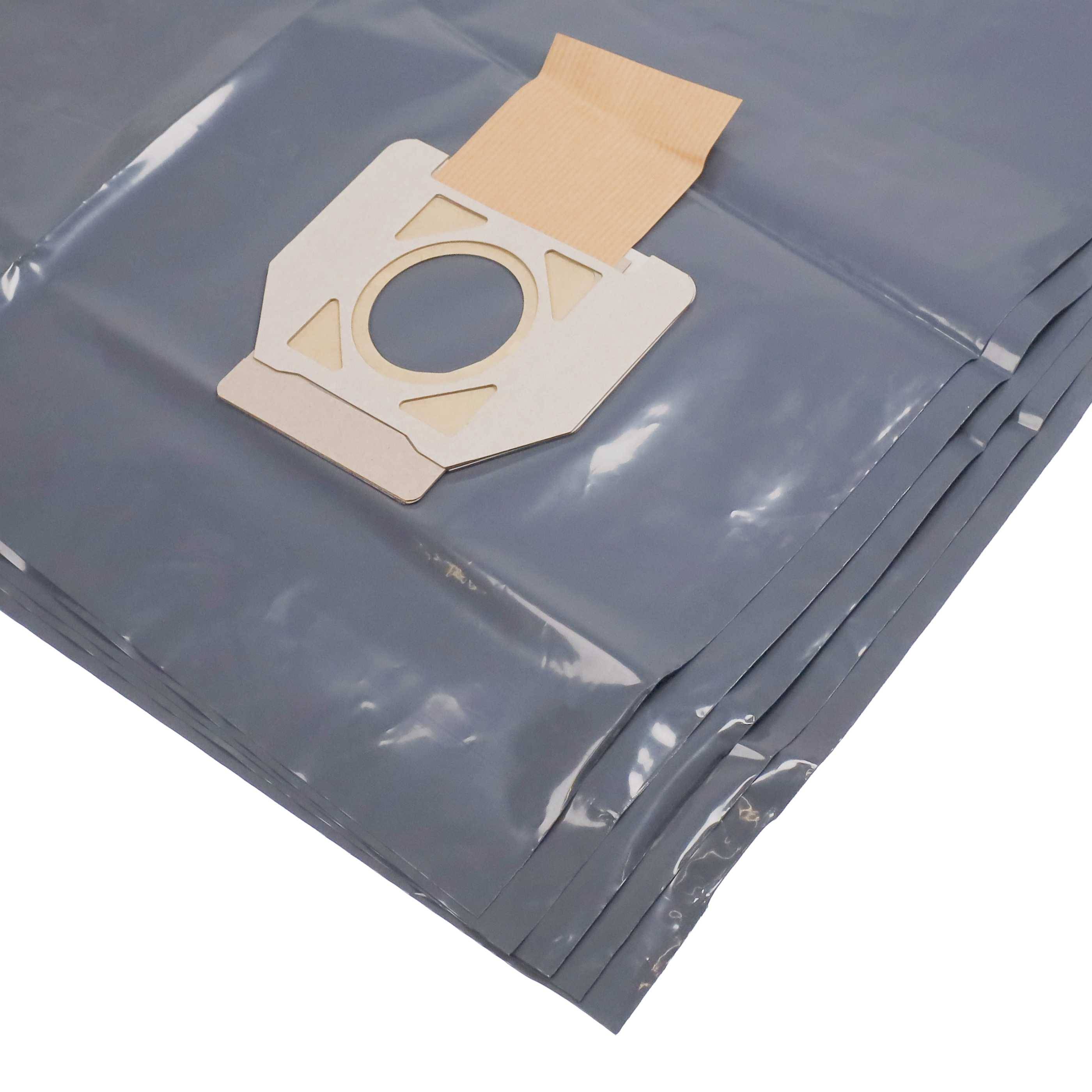 Ein Stapel grauer Staubsaugerbeutel mit Kartonanbringungen oben, bestimmt für effiziente Staubsammlung und Entsorgung.