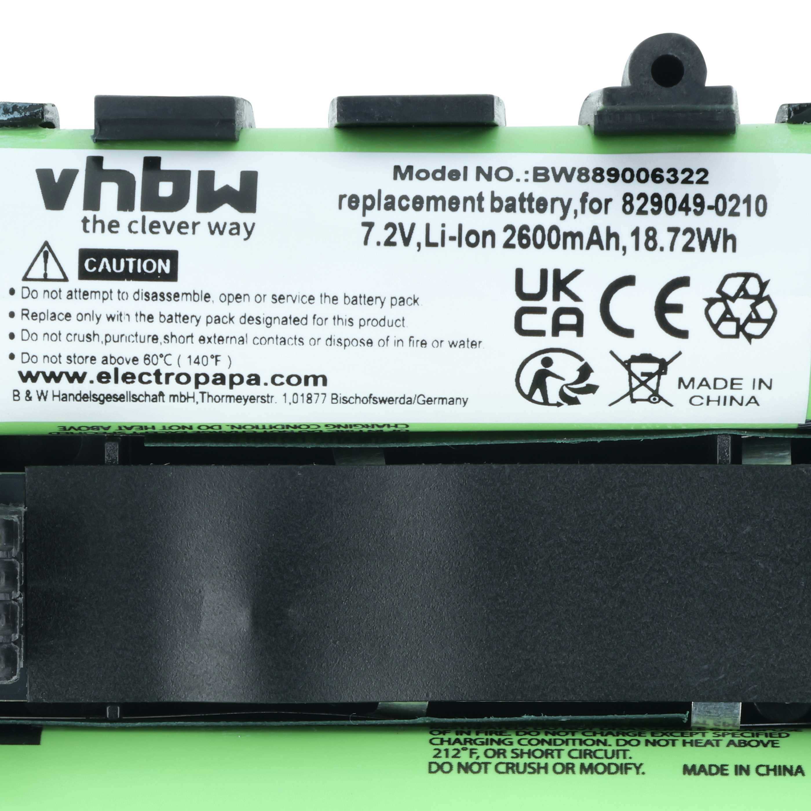 vhbw Batterie, Modell Nr.: BW889096322, 7,2V, Li-Ion 2600mAh, 18,72Wh. Enthält Sicherheitssymbole und Handhabungsanweisungen. Hergestellt in China.