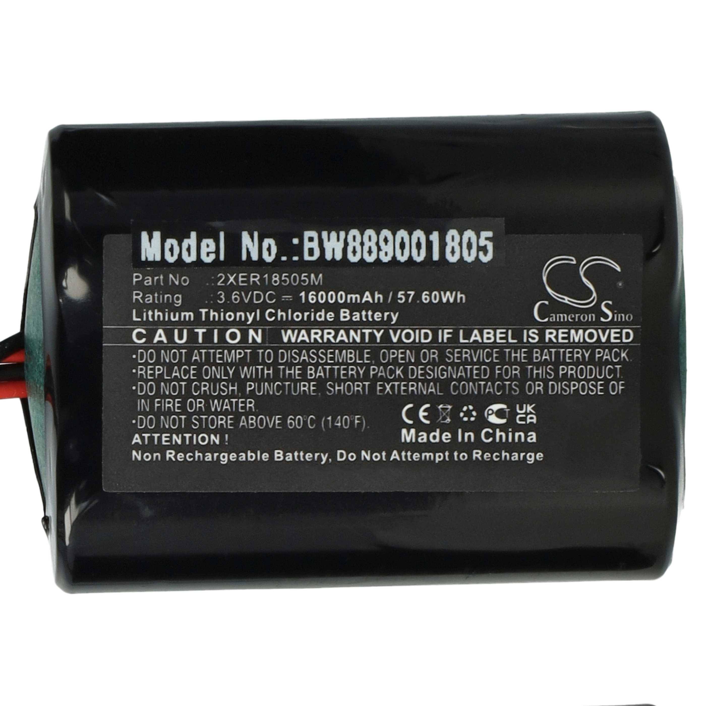 Batterie mit Etikett mit folgender Aufschrift: „Modellnummer: BW889001805, Nennleistung: 3,7V, Kapazität: 16500mAh, Lithium-Ionen, Hergestellt in China.