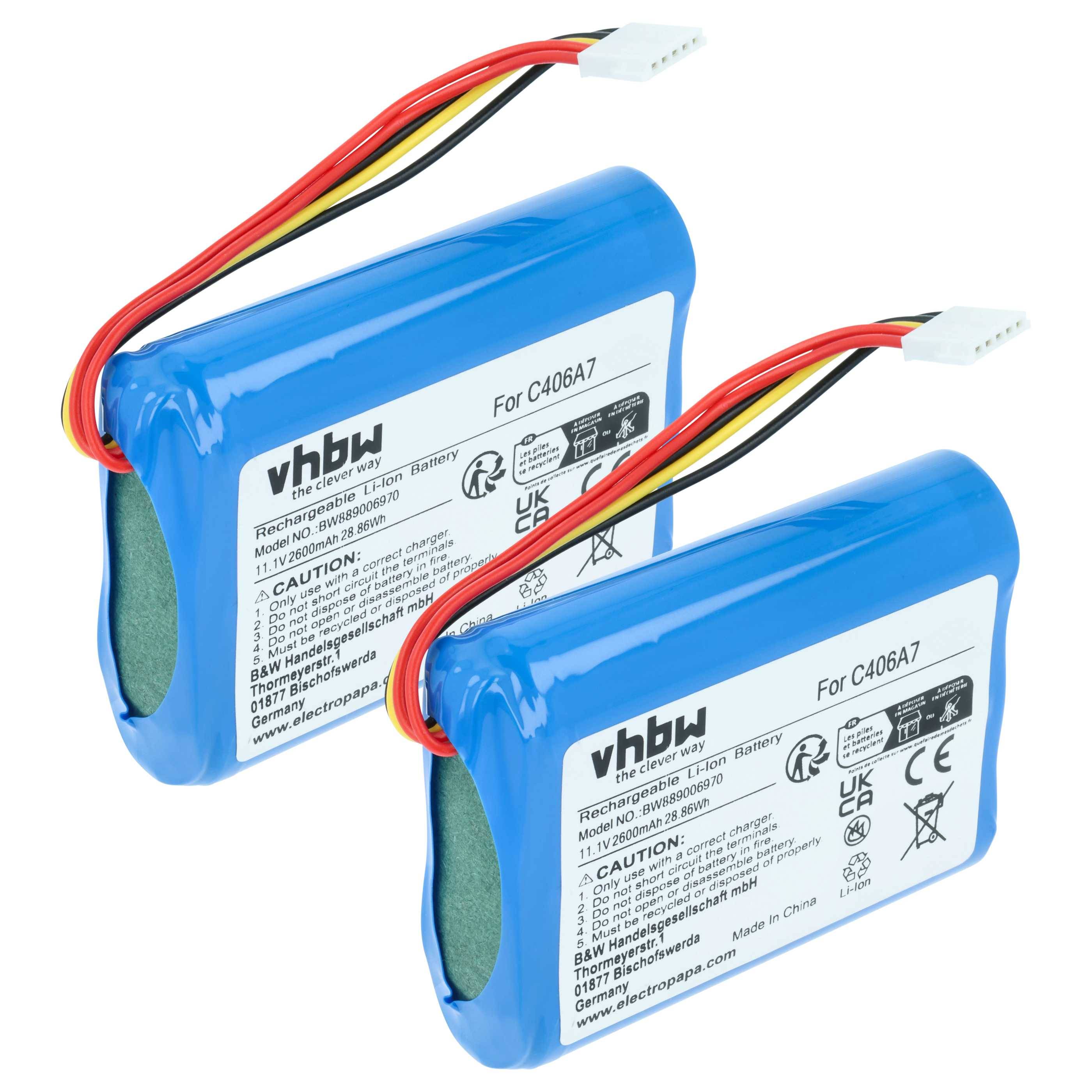 „Zwei blaue aufladbare Batterien mit Drähten und Steckverbindern, mit der Bezeichnung für Modell C406A7, jeweils mit Warn- und Spezifikationsangaben versehen.