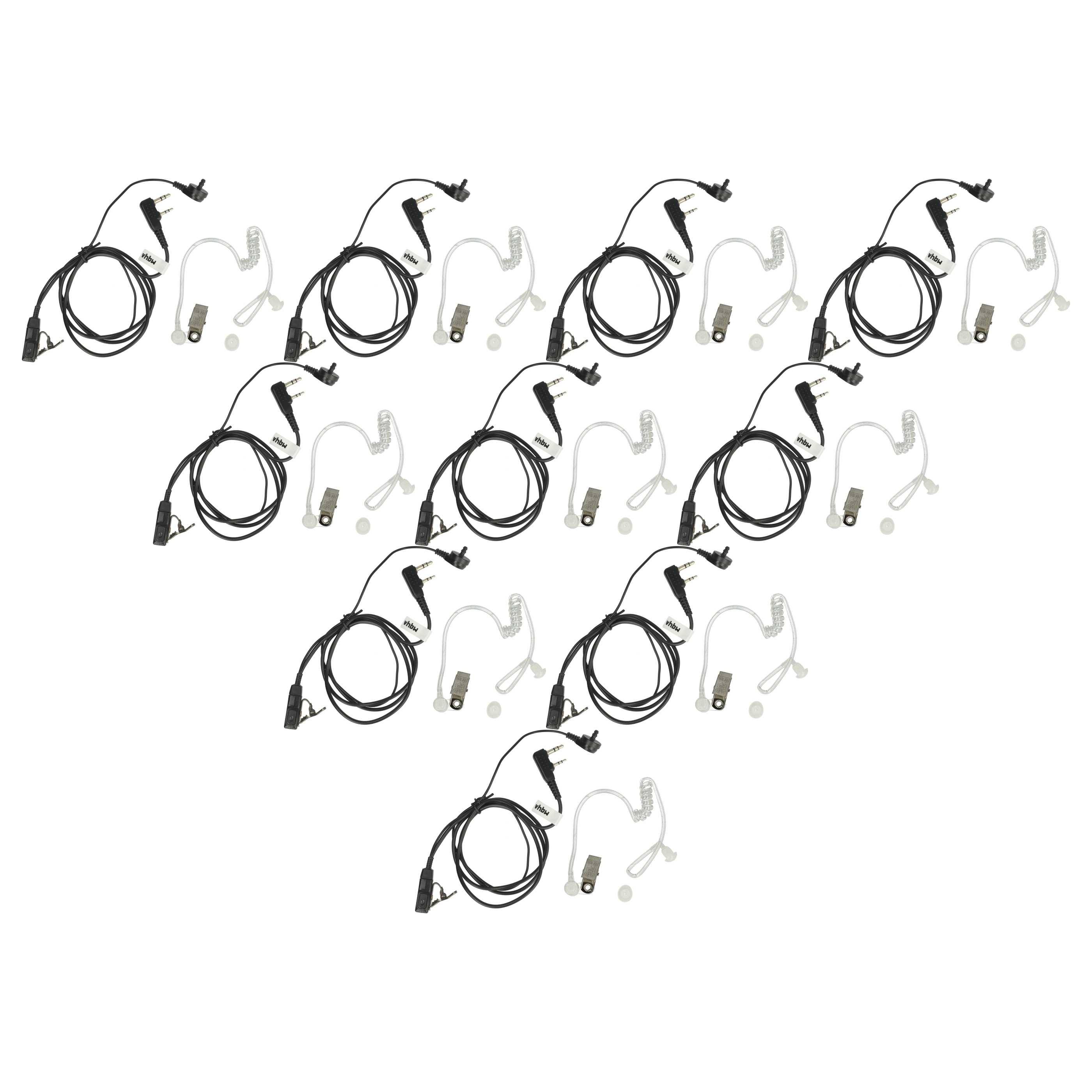 Zehn Sätze spiralförmiger Ohrhörer mit Schalltüben und Mikrofonen, jeder mit einem Stecker und Ohrstöpseln, in einem Raster angeordnet.