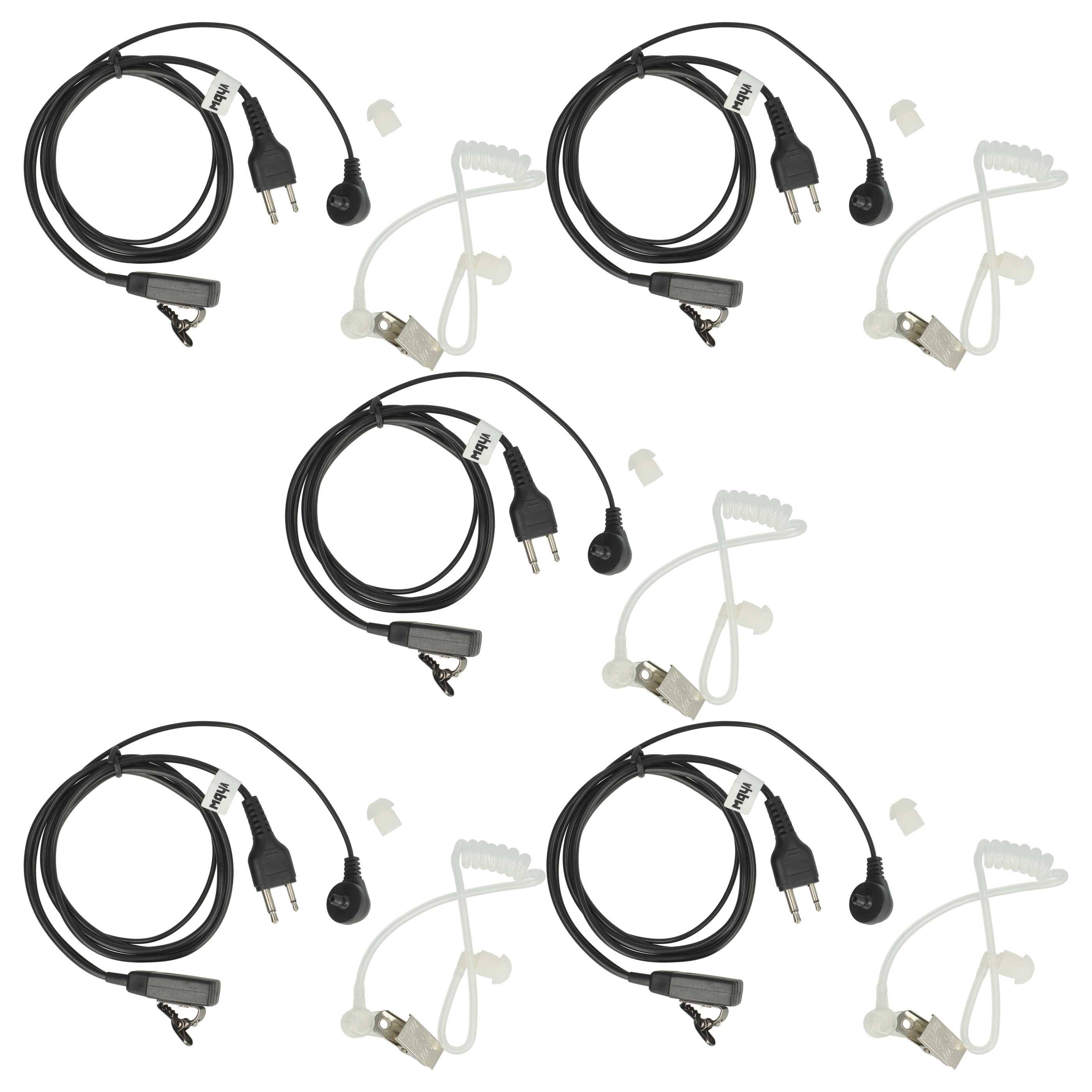 Sechs Sätze von Kopfhörer-Sets, jeder mit einem spiralförmigen schwarzen Kabel mit Clip und Ohrstöpsel, angeordnet in zwei Reihen zu je drei.